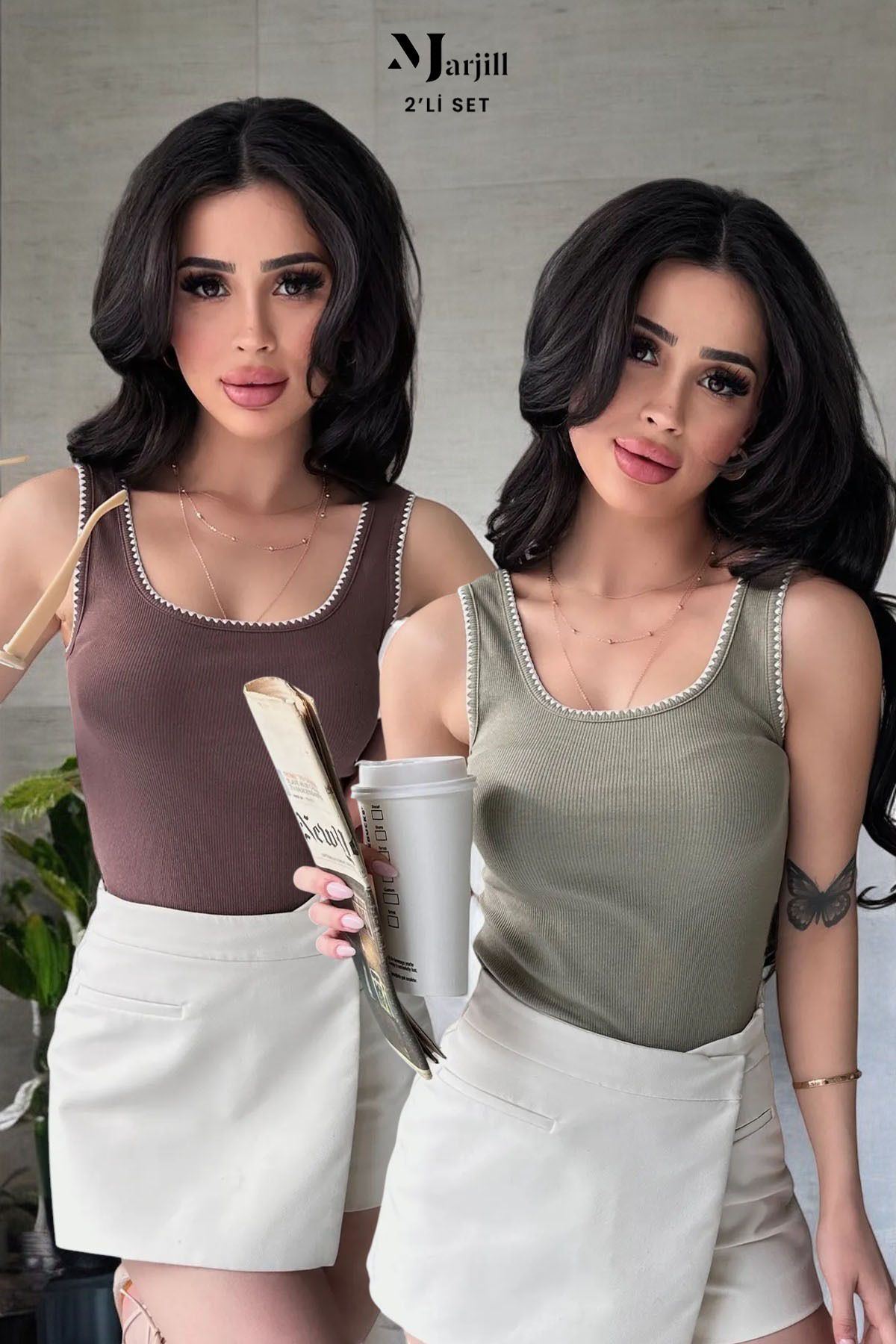Marjill 2'li Ekonomik Paket Nakış Detaylı Kalın Askılı Bluz Atlet