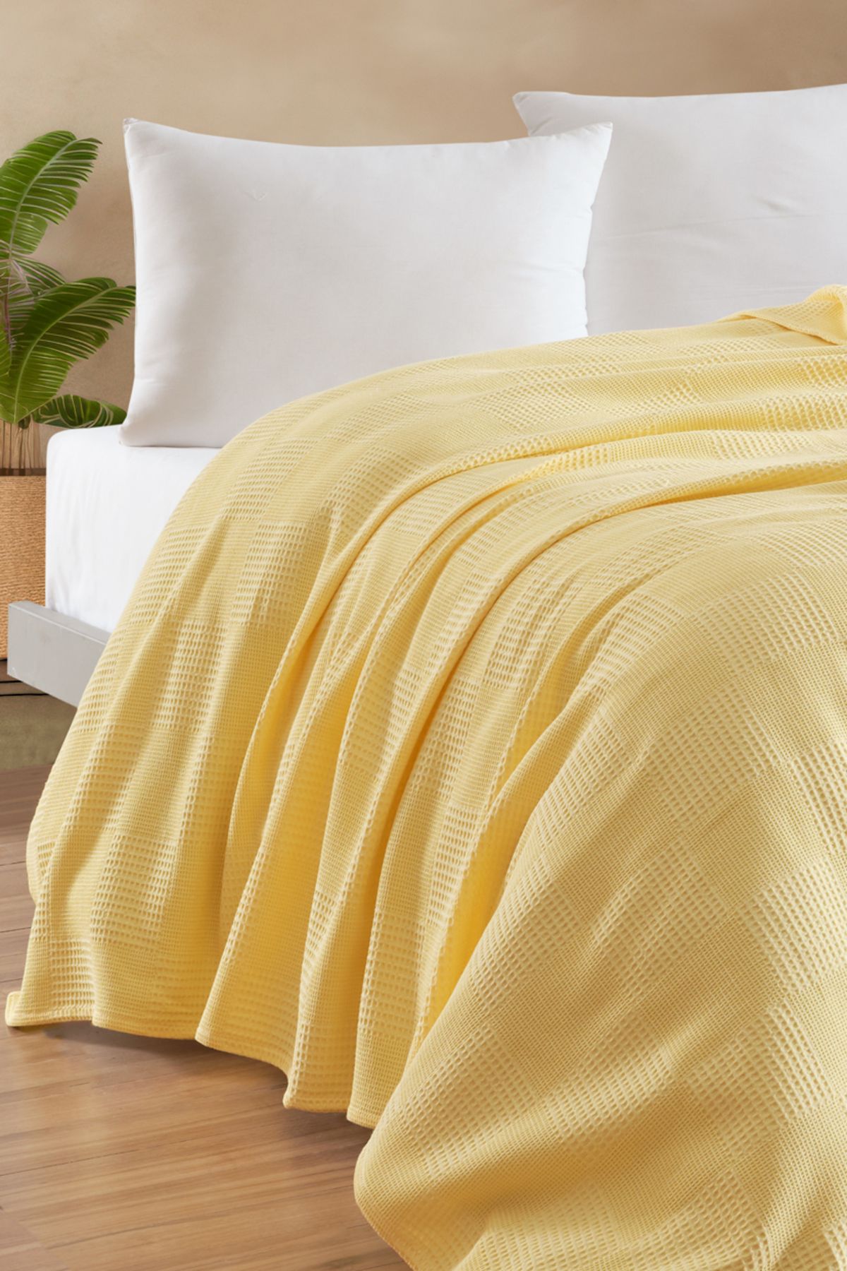 Eponj Home Tek Kişilik %100 Pamuk Pike Örtü 160x230 cm – Karo Desenli Sarı – Weave Serisi