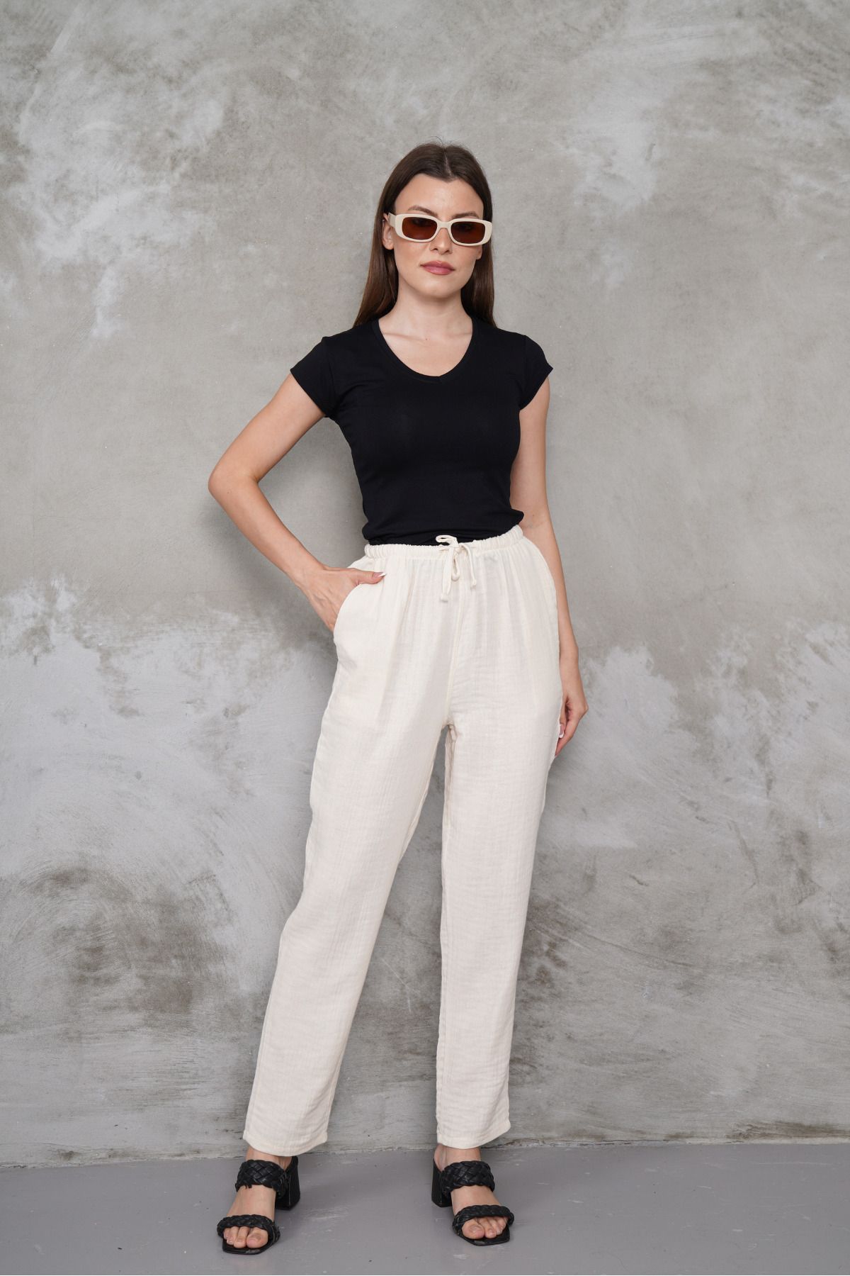 macharel jeans Müslin Düz Paça Cepli Pantolon