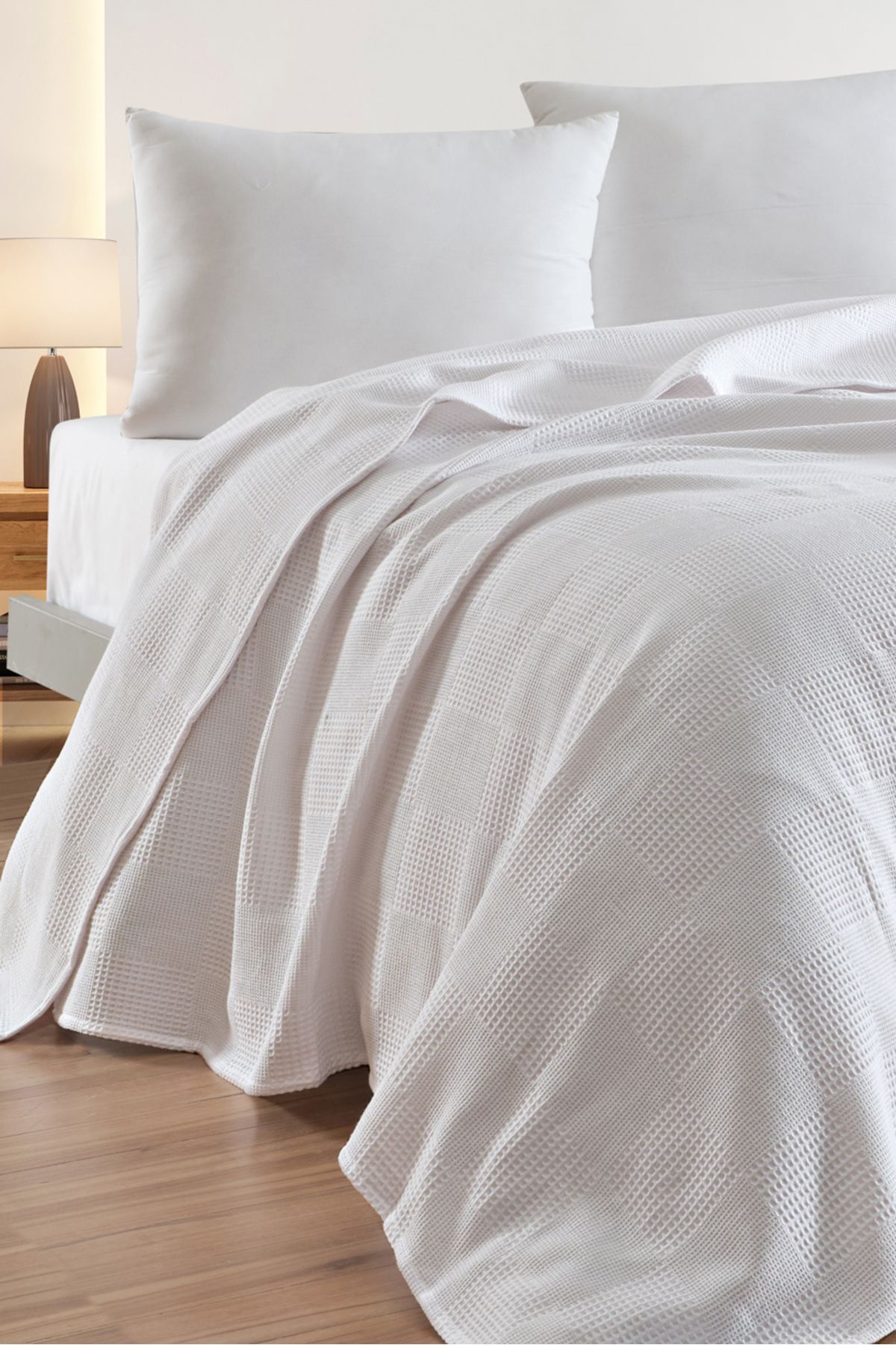 Eponj Home Tek Kişilik %100 Pamuk Pike Örtü 160x230 cm – Karo Desenli Beyaz – Weave Serisi