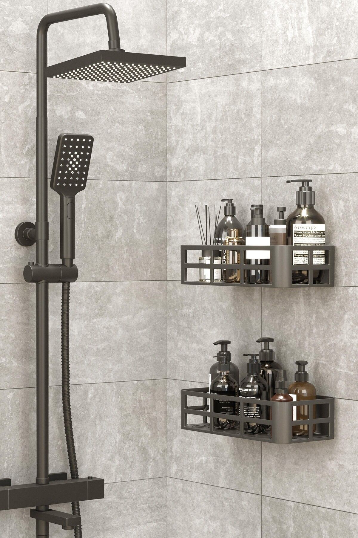 Omaş Household Product Banyo Düzenleyici Şampuanlık Sabunluk 2 Li Set Yapışkanlı Duş Rafı Organizer