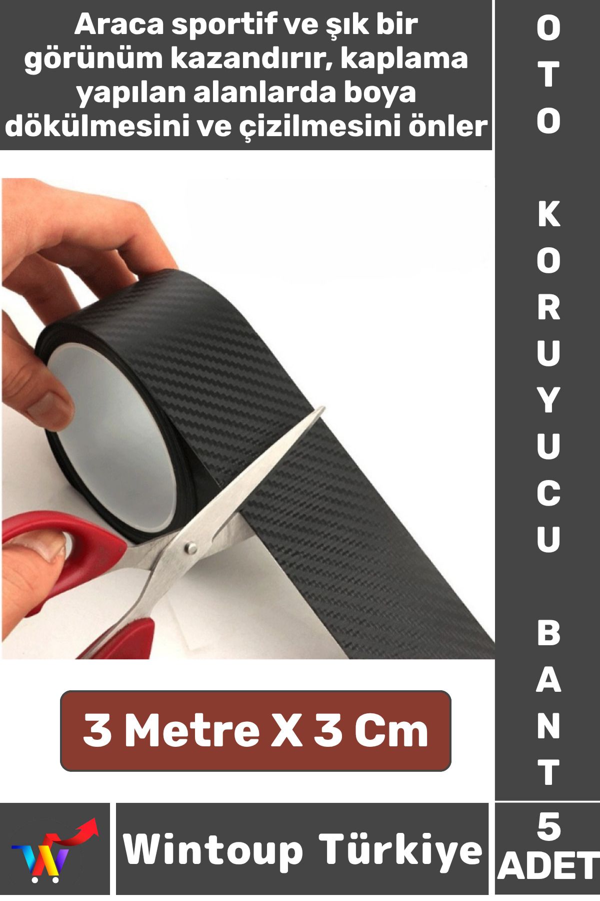 Wintoup İz Bırakmaz Su Güneş Işını Dayanıklı Oto Eşik Kapı Kaput Boya Çizilme Koruma Karbon Fiber Bant 5Adet