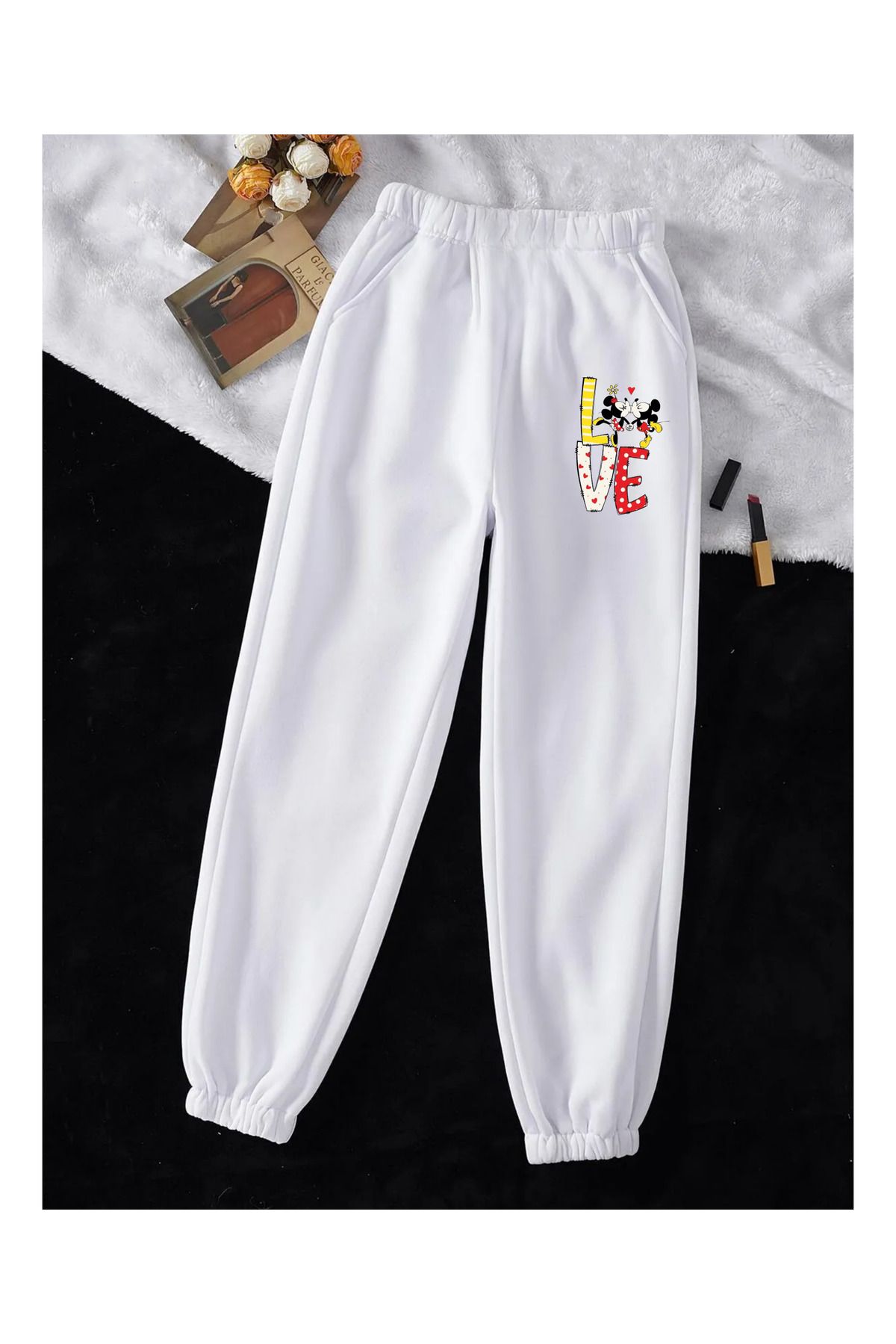 Touz Moda Love Baskılı Unisex Beyaz Paça Lastik Eşofman Altı