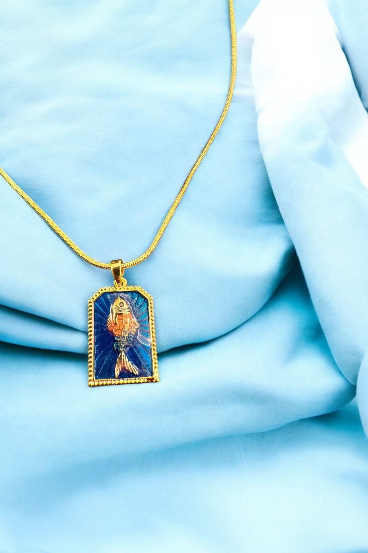Raneel Kazançlı Alışveriş Mavi Balık Figürlü Zincir Kolye Gold