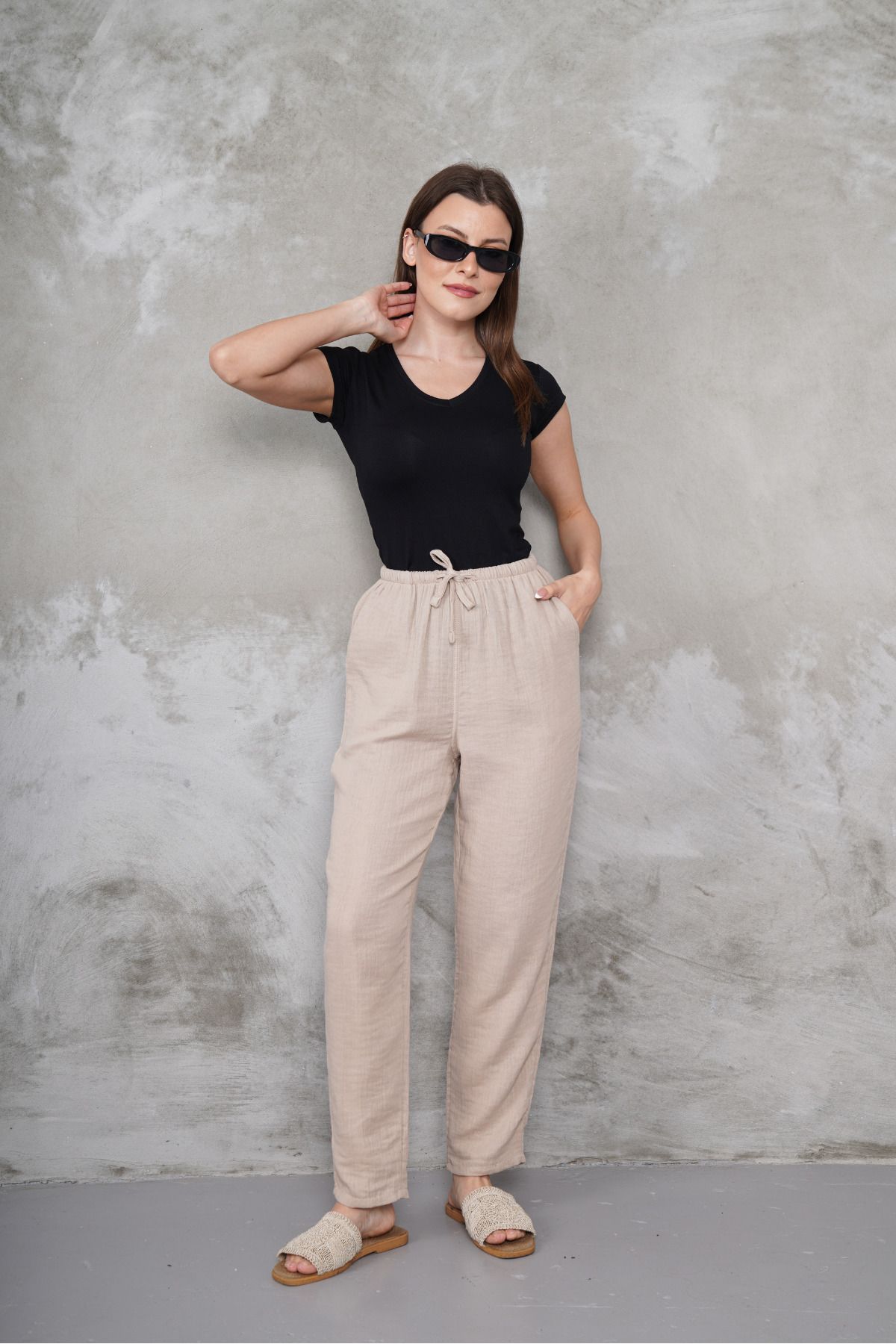 macharel jeans Müslin Düz Paça Cepli Pantolon