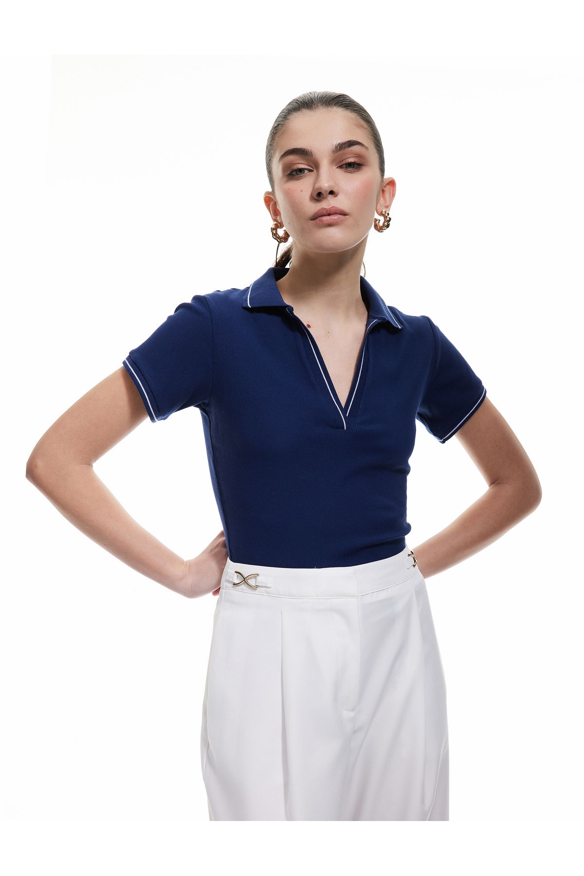 Koton KT - Pamuklu Slim Fit Çizgili Kısa Kollu Polo Yaka Tişört