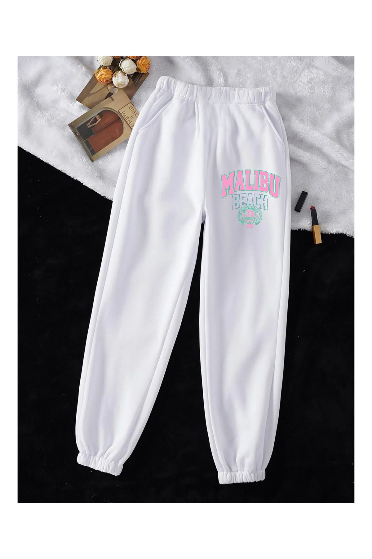 Touz Moda Malibu Beach Baskılı Unisex Beyaz Paça Lastik Eşofman Altı
