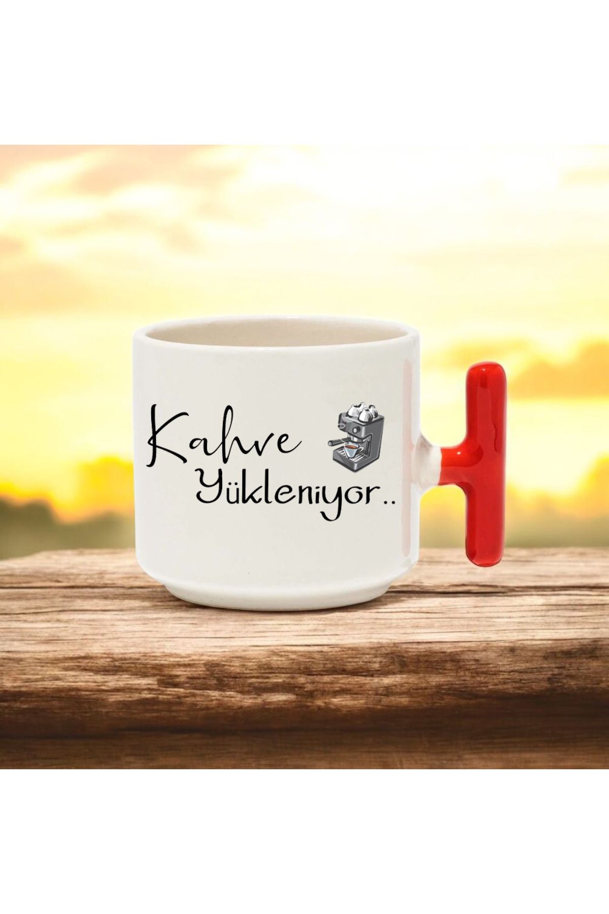 BB TRADE Kahve Yükleniyor Tasarımlı Kırmızı T Kulplu Seramik Baskılı Kupa Bardak 250 ML