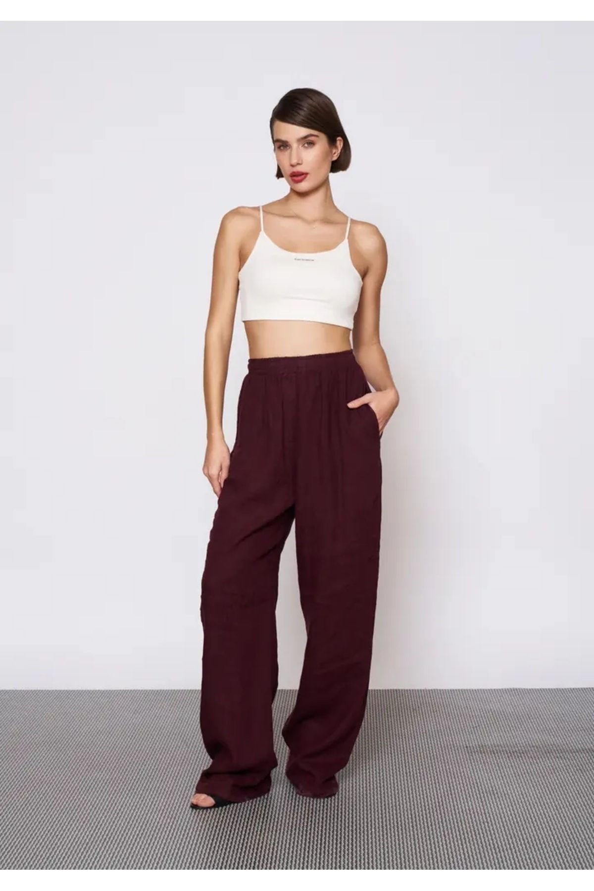 EUROFASHION Bordo Beli Lastikli Keten Pantolon