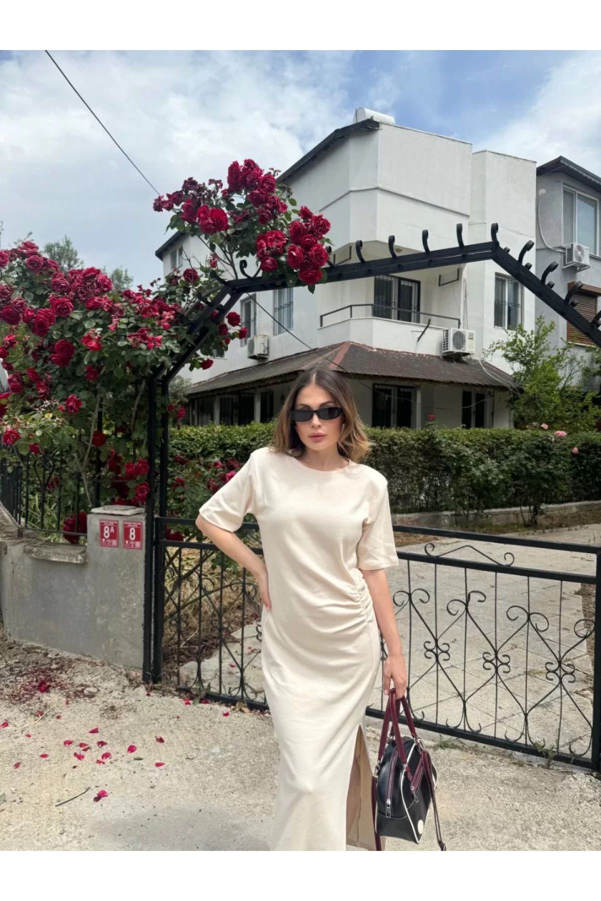 BBbutik Kadın Kısa Kollu Uzun Yandan Yırtmaçlı Elbise