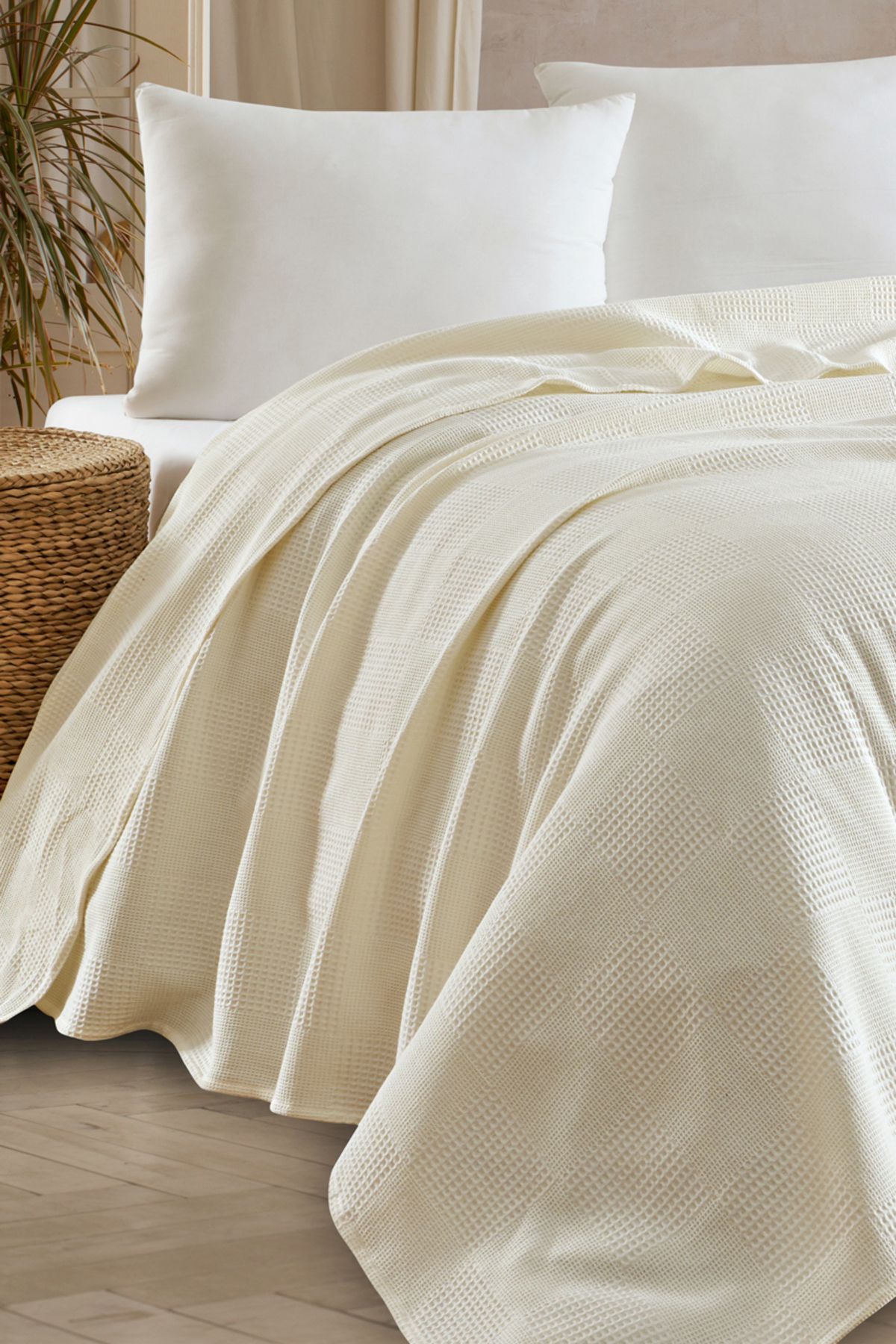 Eponj Home Tek Kişilik %100 Pamuk Pike Örtü 160x230 cm – Karo Desenli Krem – Weave Serisi