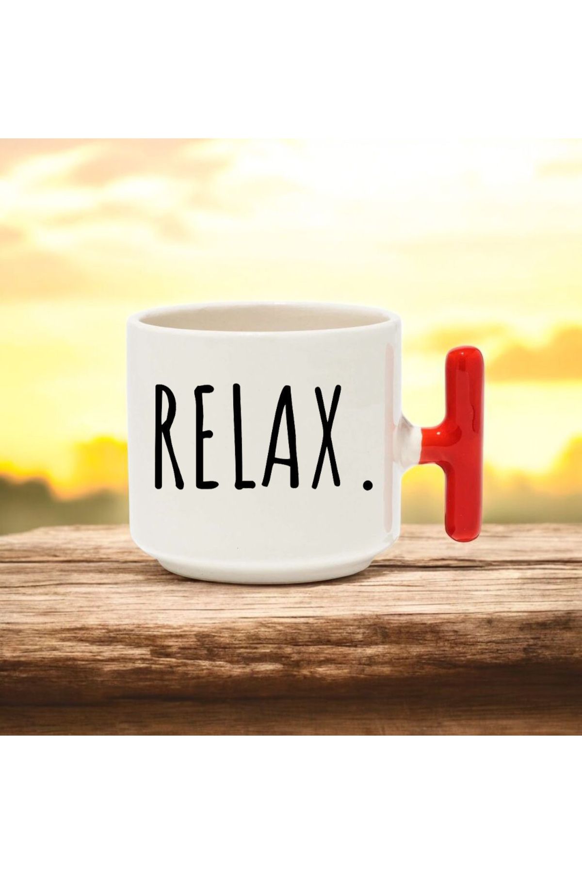 BB TRADE Relax. Tasarımlı Kırmızı T Kulplu Seramik Baskılı Kupa Bardak 250 ML