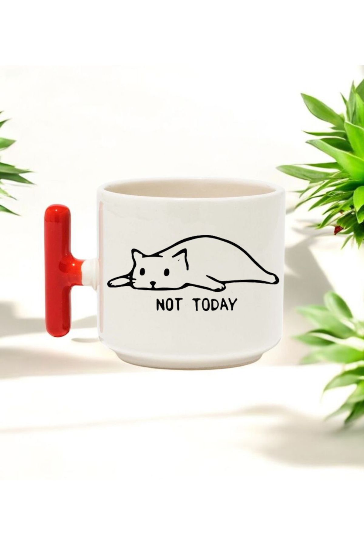 BB TRADE Not Today Tasarımlı Kırmızı T Kulplu Seramik Baskılı Kupa Bardak 250 ML