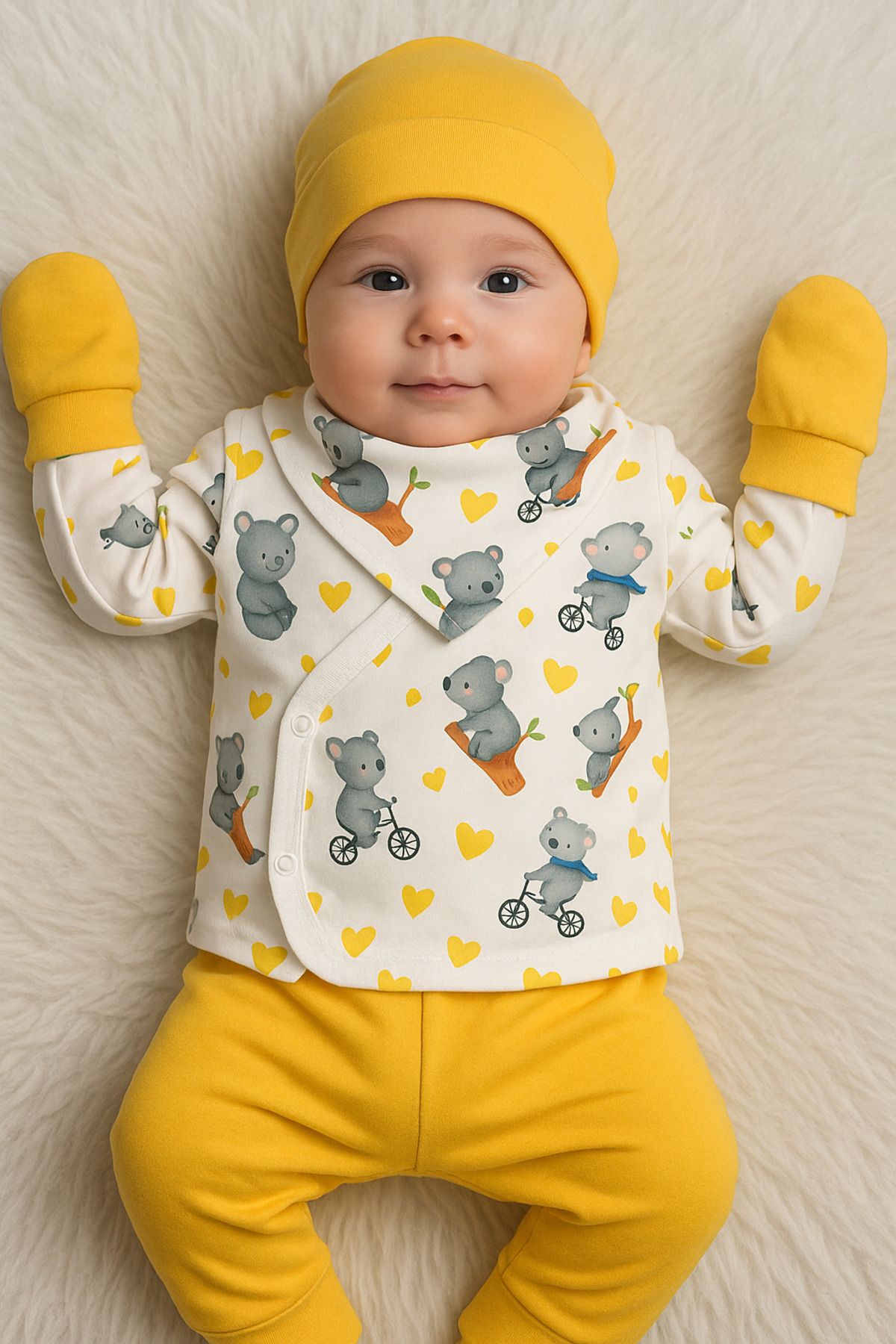 Linda Harris Koala on a Bicycle Pattern Sarı 5’li Yenidoğan Unisex Bebek Hastane Çıkışı Seti