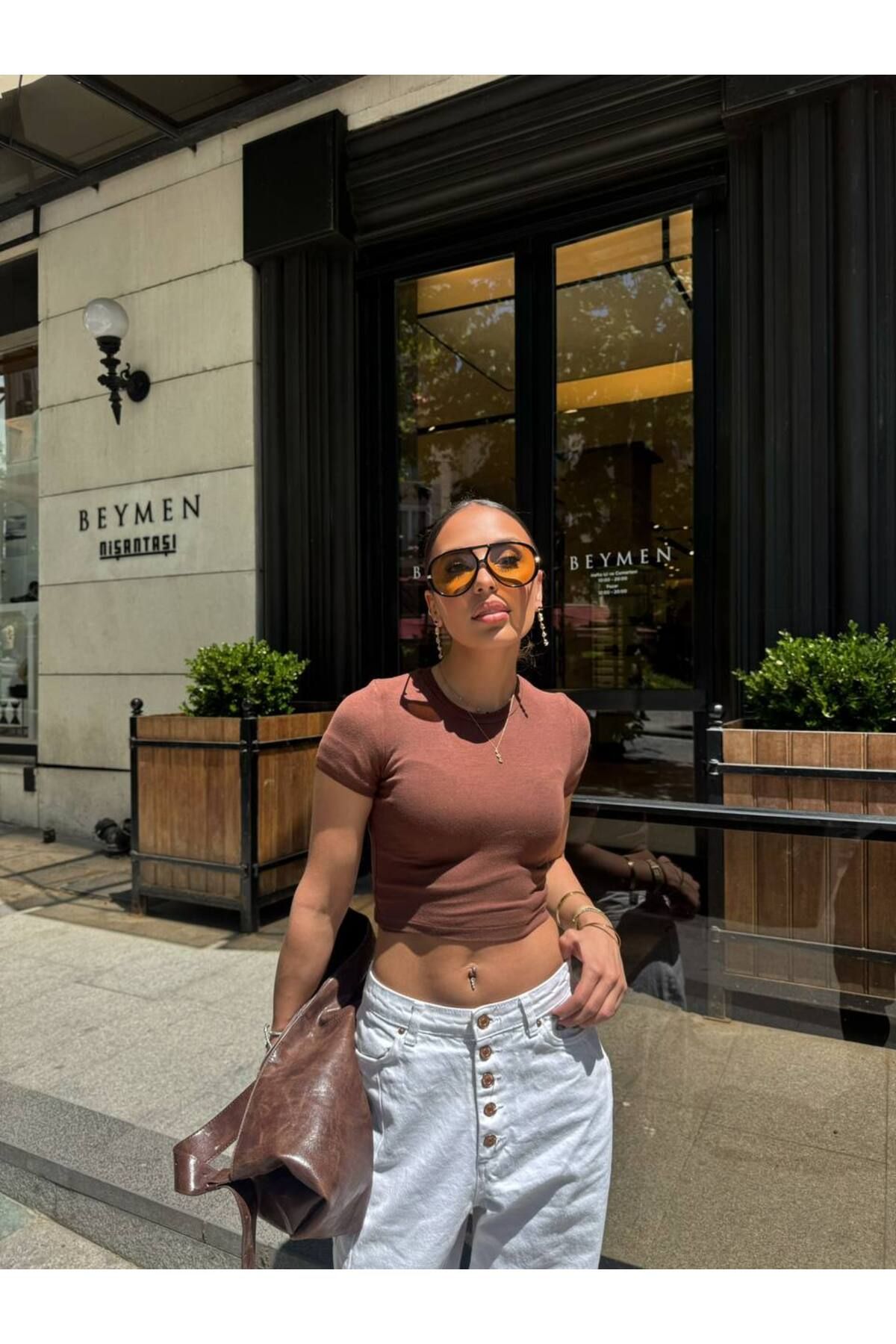 Butik Esnek Dokulu Kısa Kollu Ribana Crop