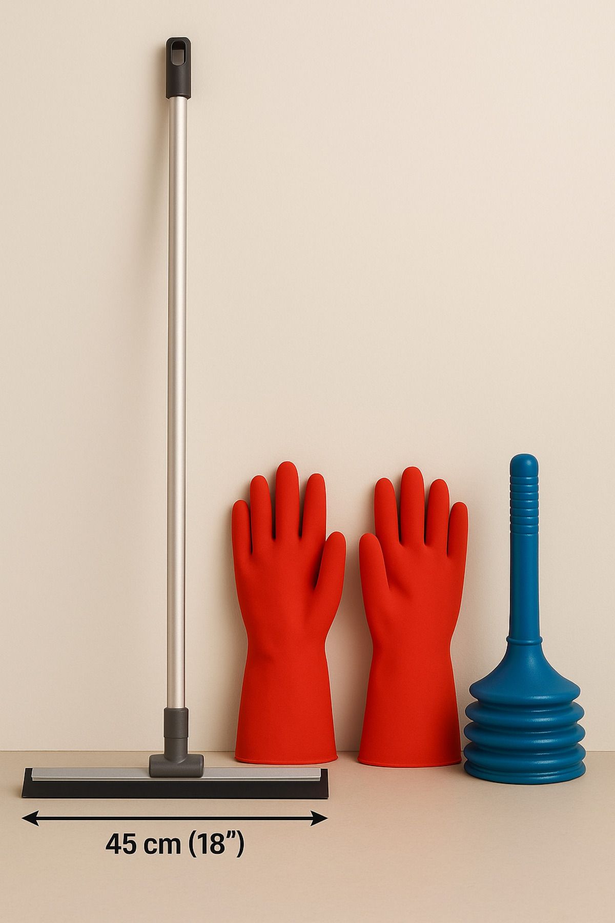Metler 3'lü Banyo Temizlik Seti | 45 cm Çekpas + Gider Açma Pompası + 1 Çift Temizlik Eldiveni