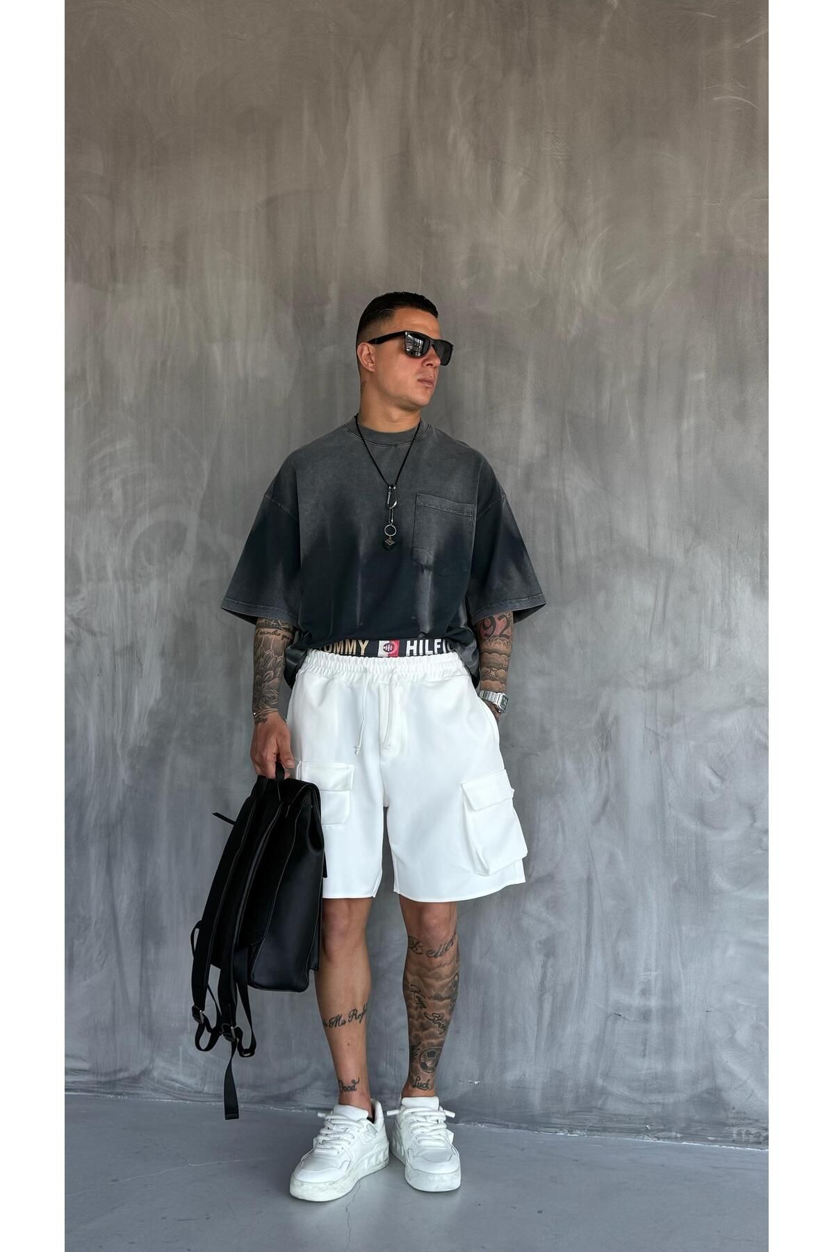 ablukaonline Erkek Beli Lastikli Kargo Cepli Oversize Şort Beyaz