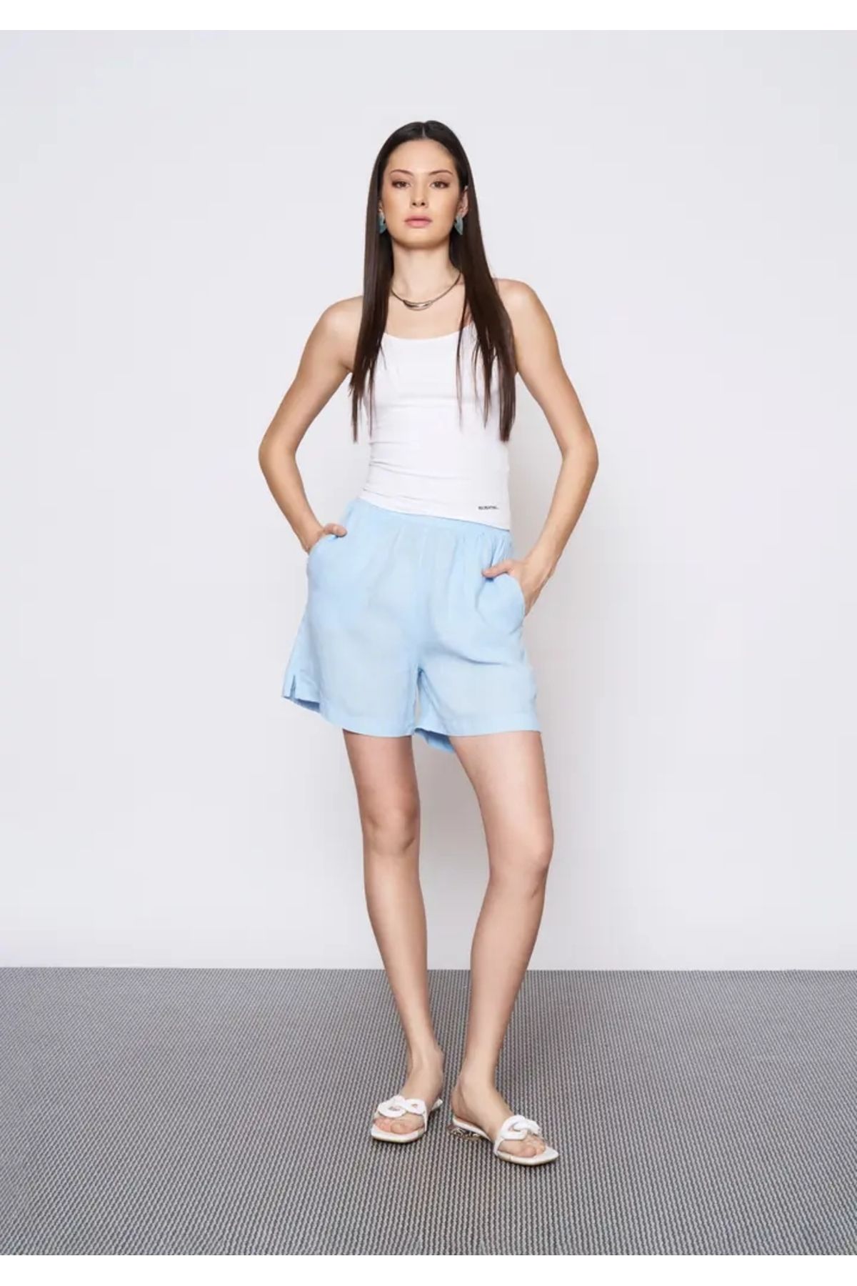 EUROFASHION Bebe Mavi Beli Lastikli Keten Şort