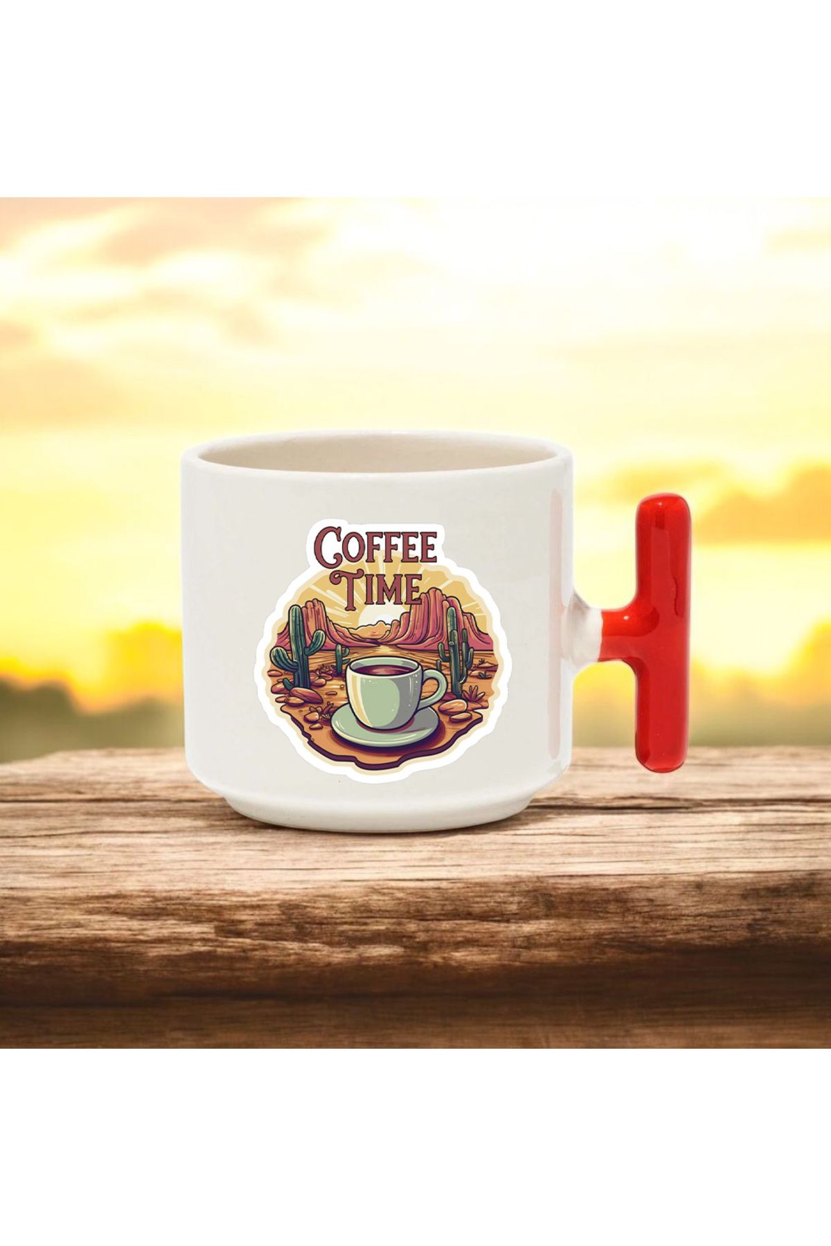 BB TRADE Coffee Time Tasarımlı Kırmızı T Kulplu Seramik Baskılı Kupa Bardak 250 ML