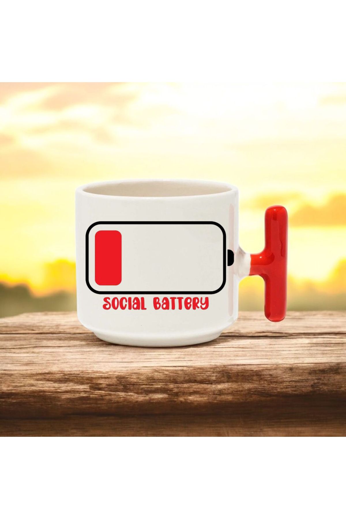 BB TRADE Social Battery Tasarımlı Kırmızı T Kulplu Seramik Baskılı Kupa Bardak 250 ML