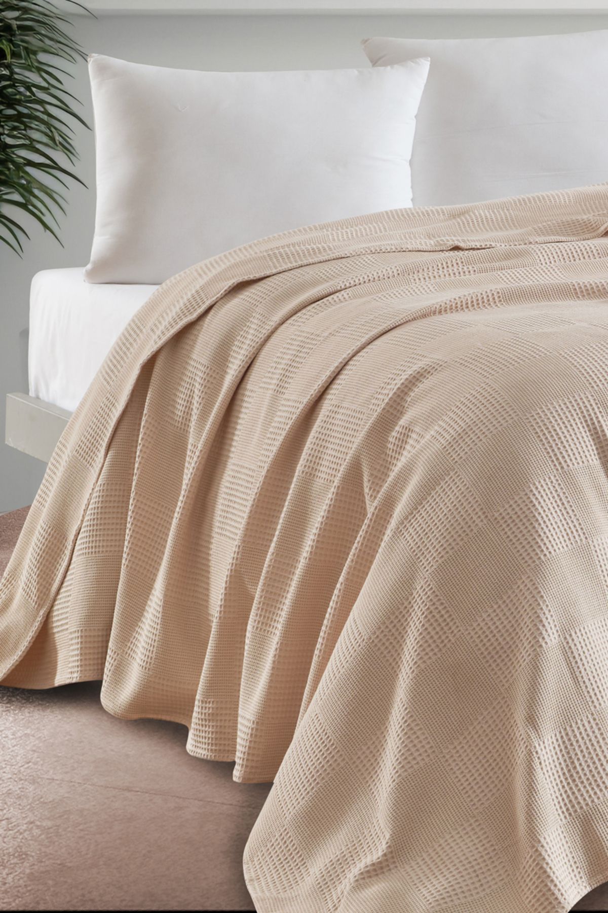 Eponj Home Tek Kişilik %100 Pamuk Pike Örtü 160x230 cm – Karo Desenli Bej – Weave Serisi