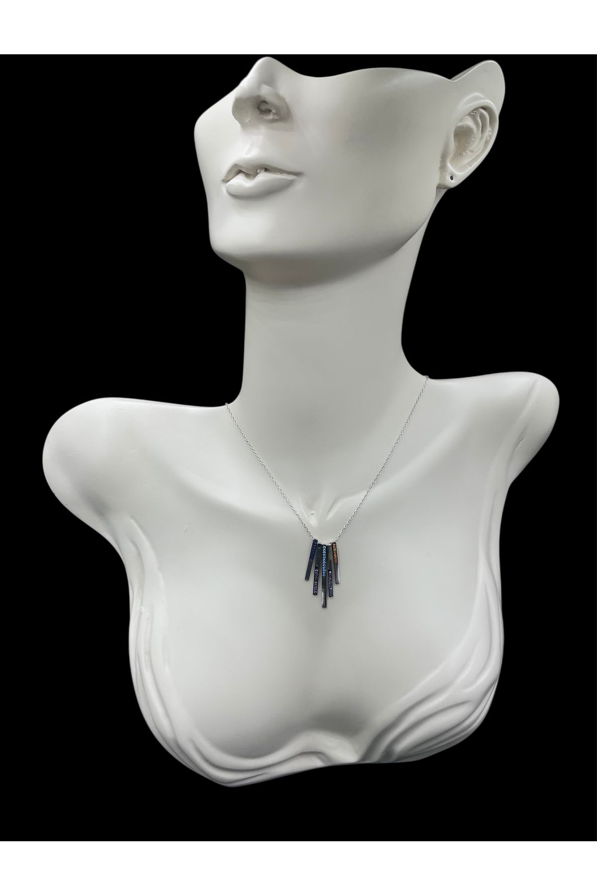 nefjewelrydesign 925 Ayar Gümüş Renkli Taşlı 42cm Zincirli Çubuk Sarkıt Kolye