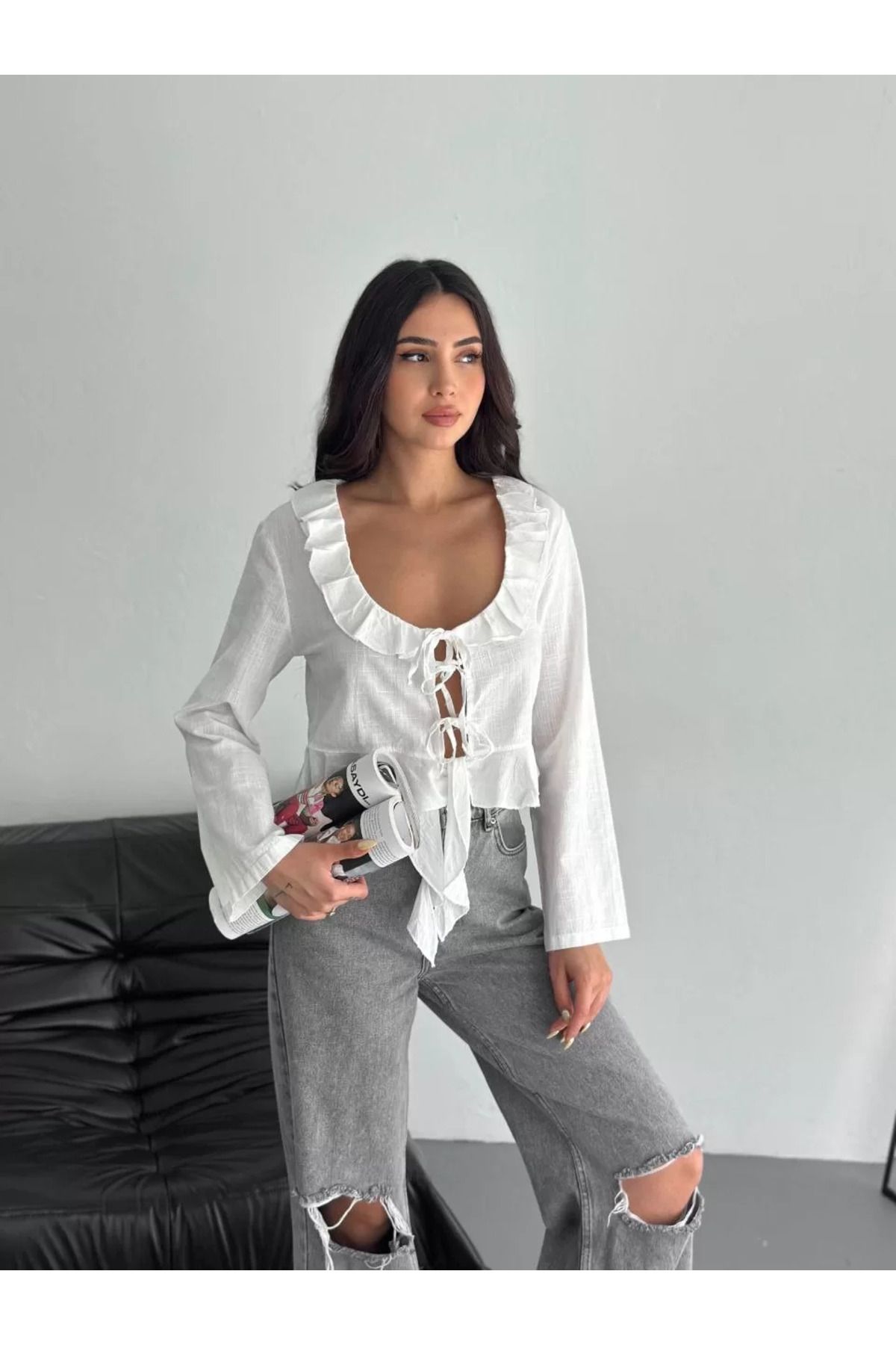 C&Z Collection Keten Uzun Kol Bağacık Detaylı Bluz - Beyaz