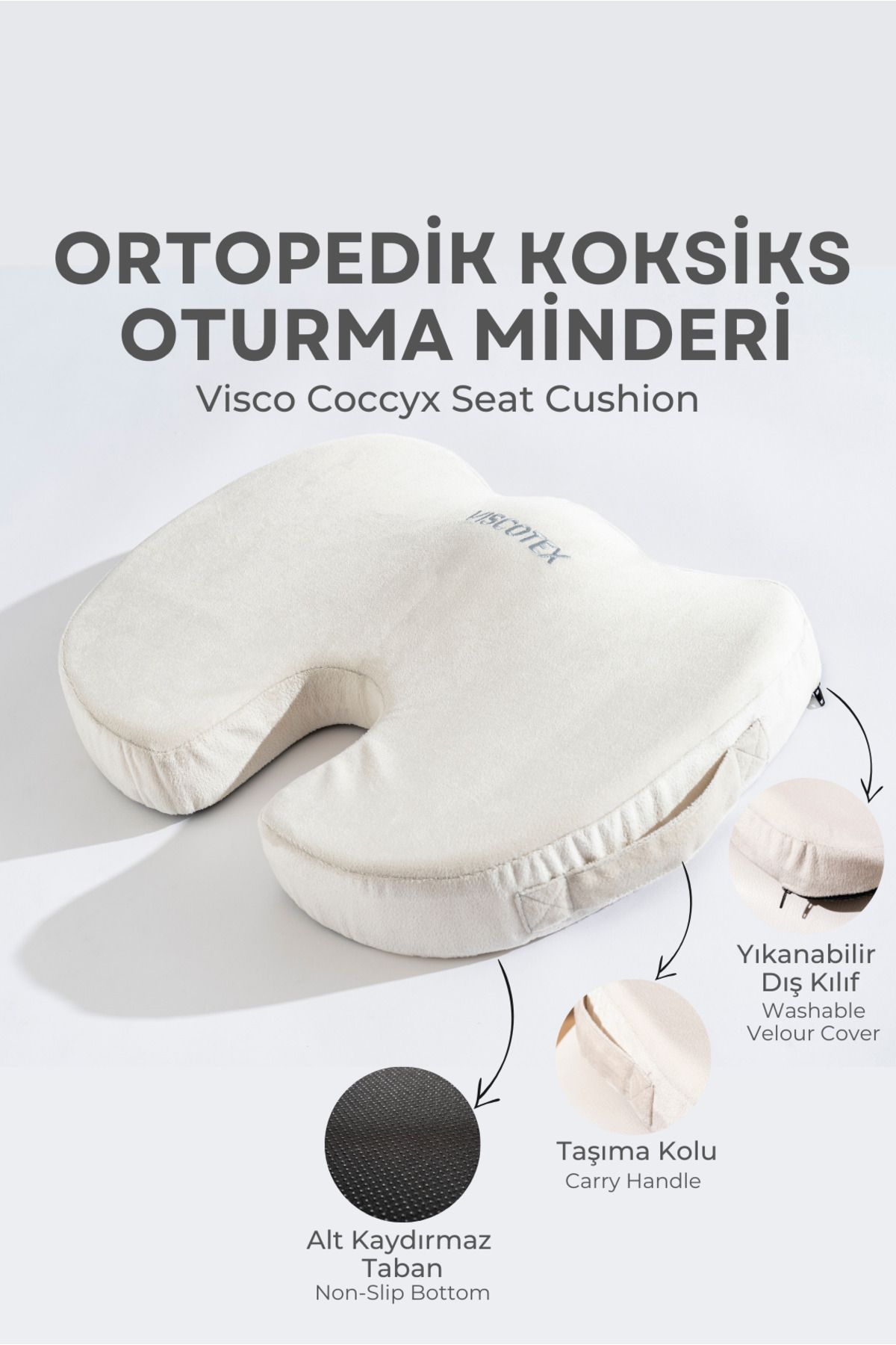 VİSCOTEX Visco Ortopedik, Kaydırmaz Tabanlı, Ofis, Araba, Koksiks Oturma Minderi, 45x34x7cm