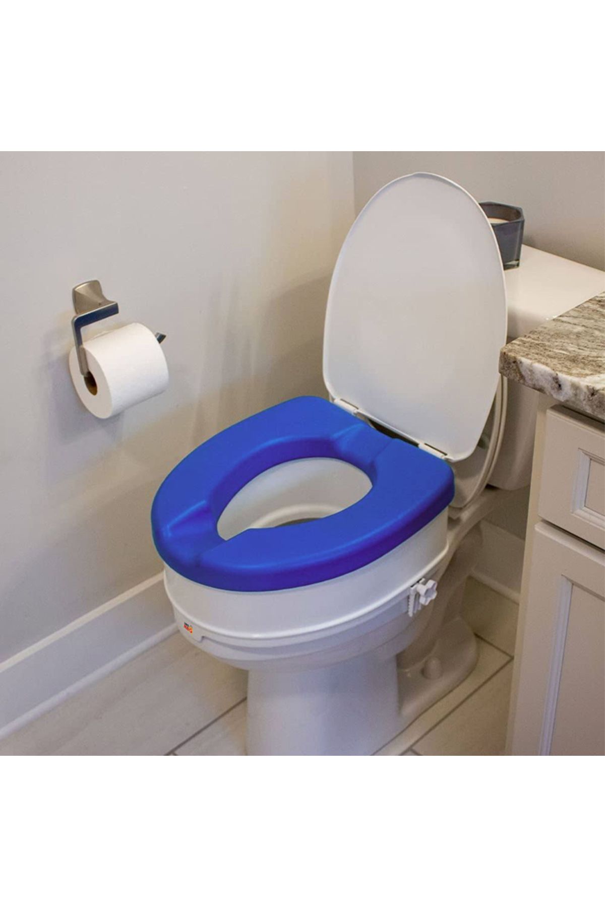 Linomag-® Toilet Seat Raiser 10cm, Soft Pu Ring, Adjustable Attachment, White/blue 10