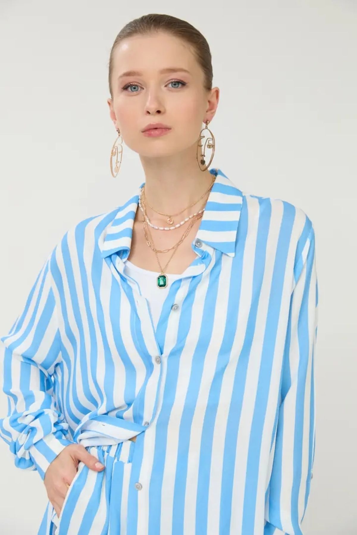 EUROFASHION Mavi Çizgili Gömlek Şort 3'lü Set Takım