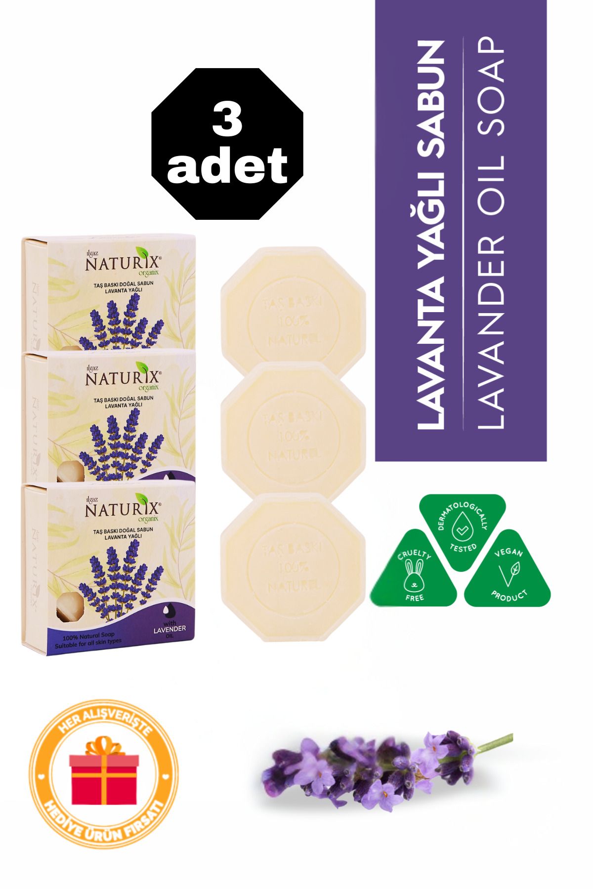 Naturix Lavanta Yağlı Taş Sabun 3'lü Eko Paket Yağ Dengesi Ve Ferahlatıcı Cilt Bakımı - 3x125 gr