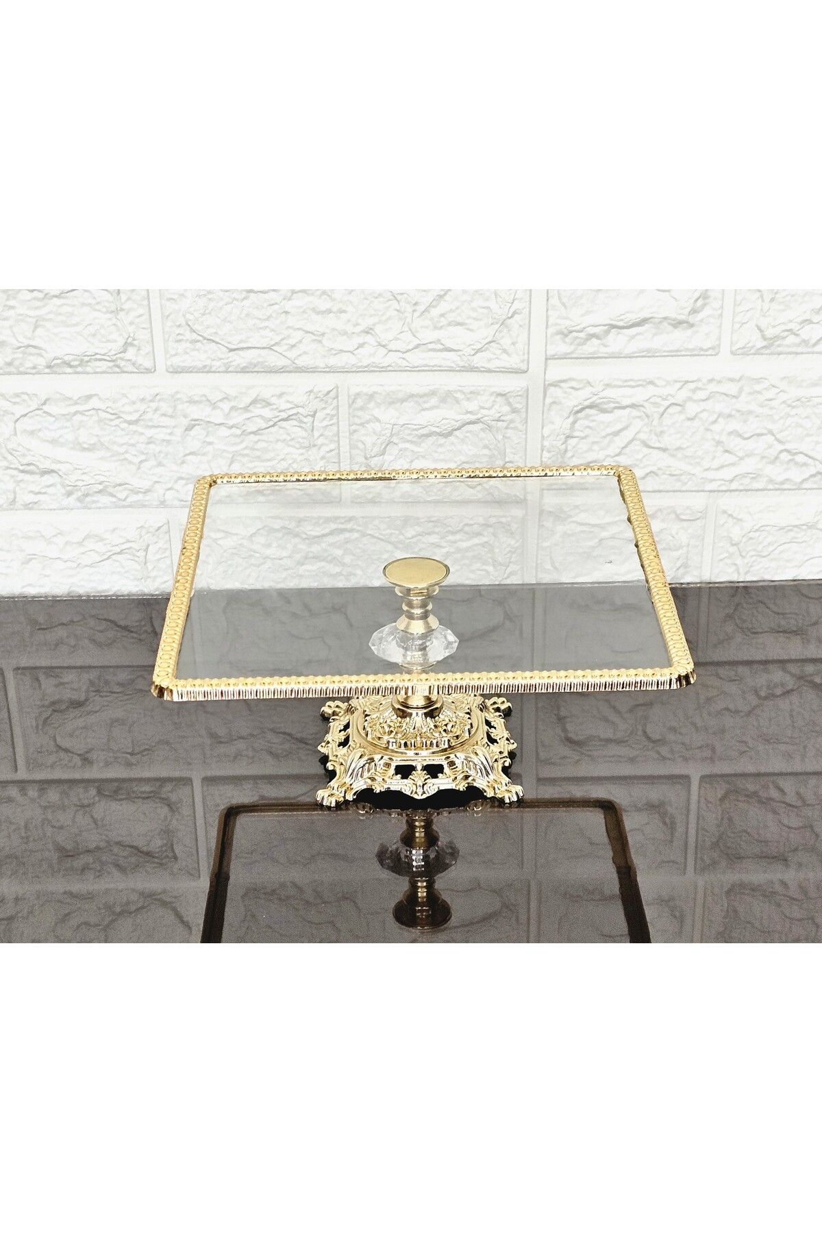 atabey home-Glass Small Square Serving Plate-Presentation Plate-Speech Tray-Presentation Tray-Dump Gold Frame 22cm 3
