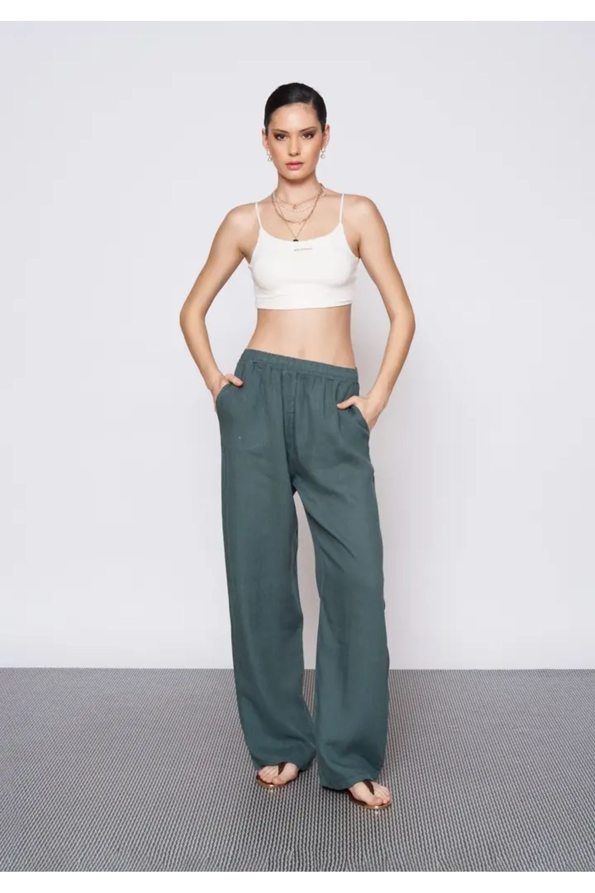 EUROFASHION Yeşil Beli Lastikli Keten Pantolon