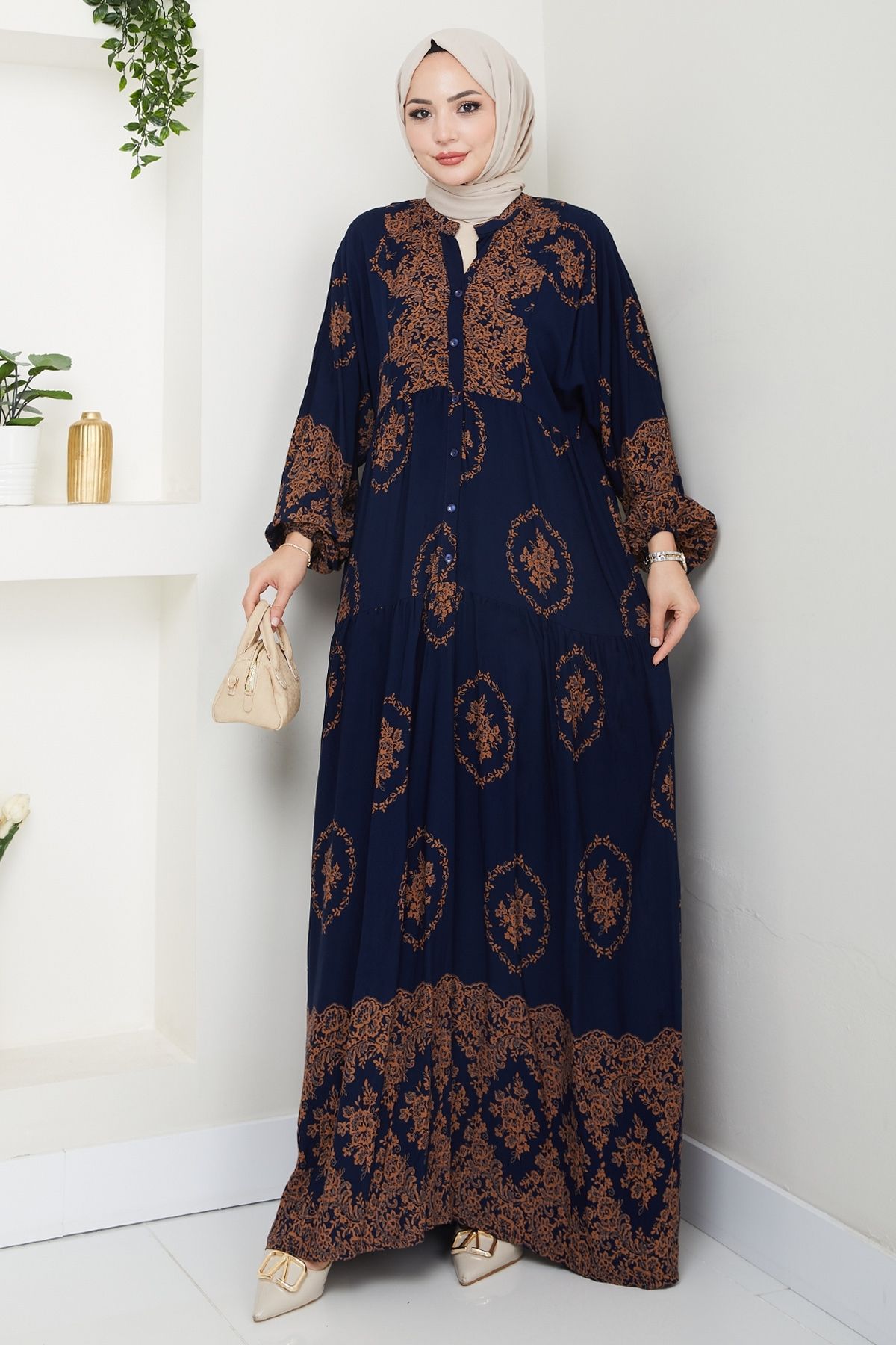 InStyle-Gold Ethnic Pattern Navy Blue Viscose Dress 4