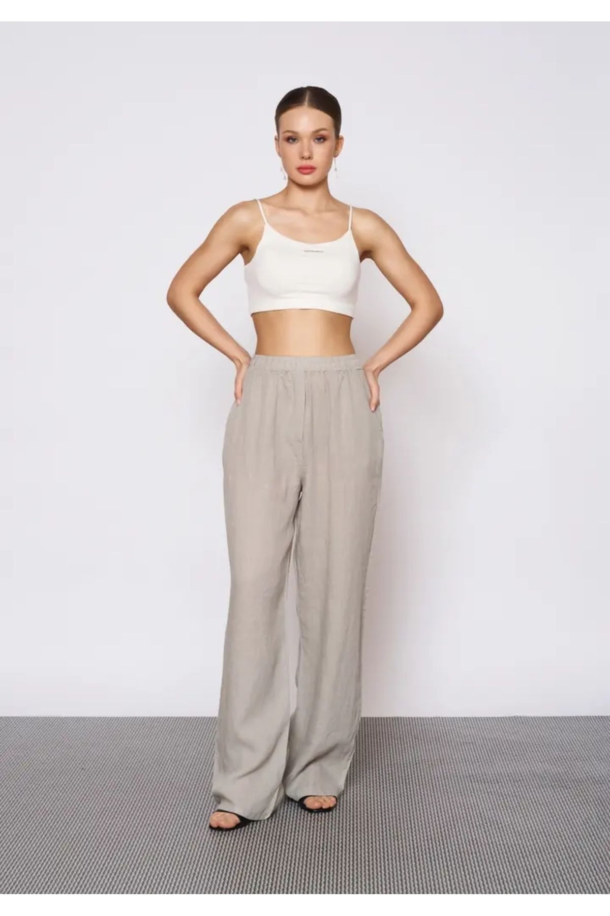 EUROFASHION Dijital Mist Beli Lastikli Keten Pantolon