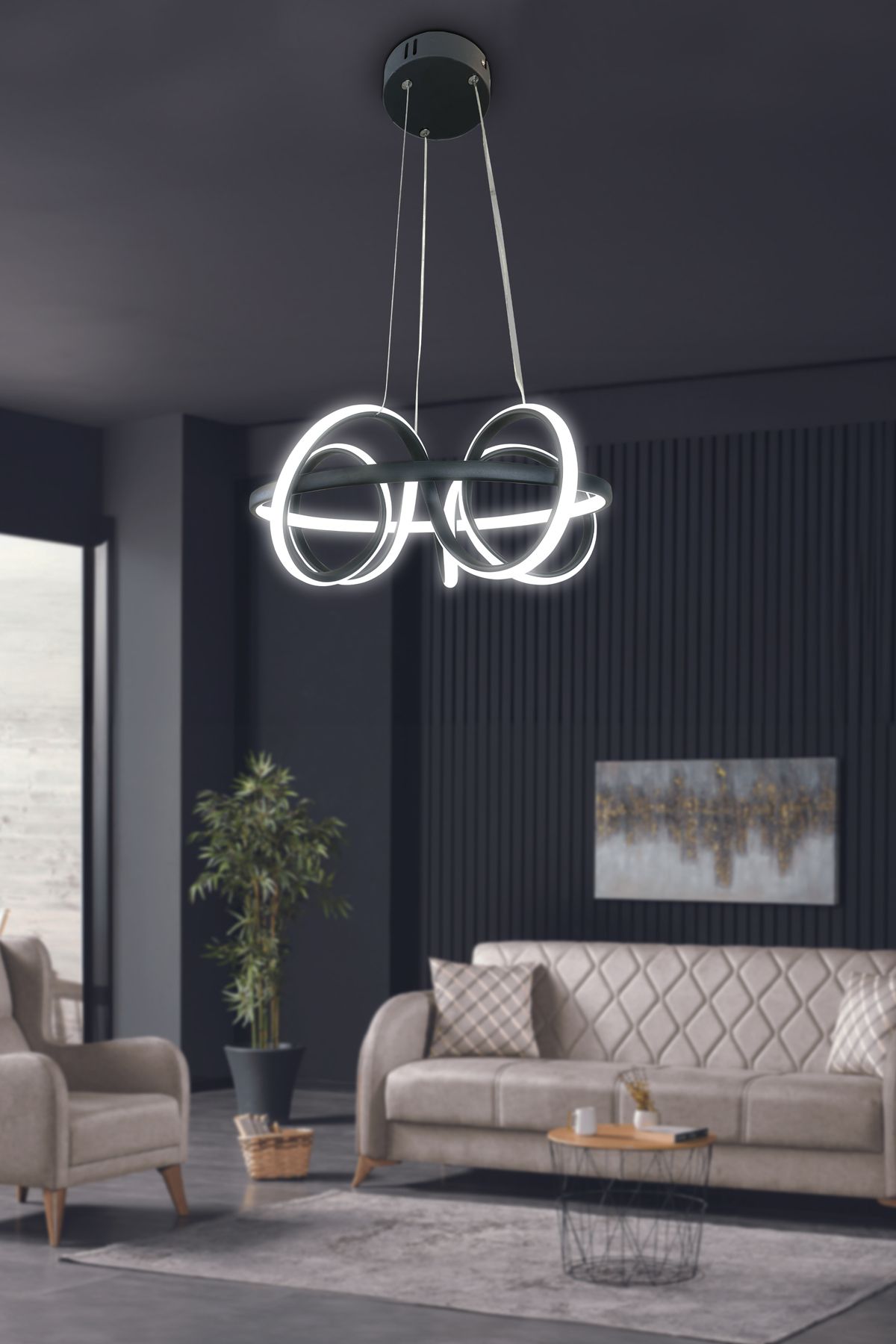 RSCOLLECTIONS Kuzey Kıvrım Modern Sarkıt Led Avize Beyaz Işık Siyah