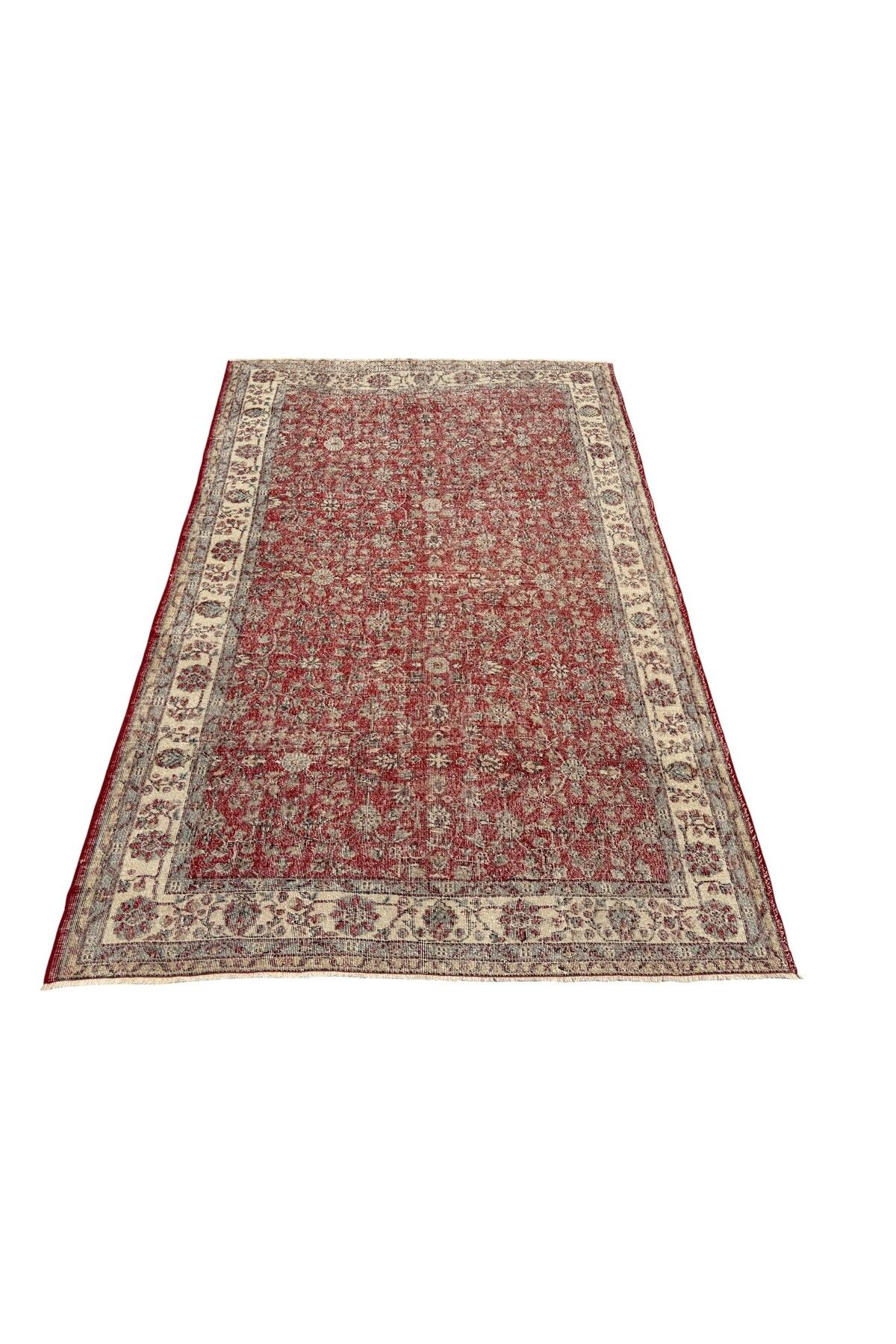 BURAK HALI El Dokuma Vintage Isparta Halısı 203x310 Kırmızı Beyaz Eskitme Halı