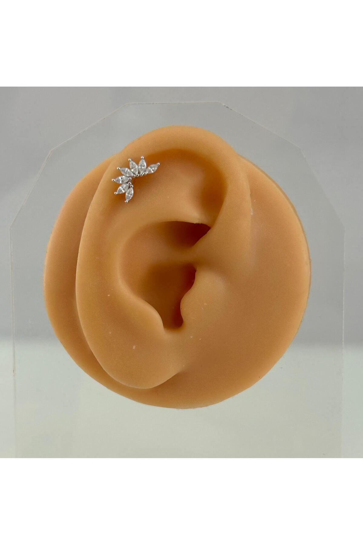 Siminkari 925 Ayar Gümüş Üzerine Rodyum Kaplama Taşlı Yarım Ay Silver Piercing Tragus Helix