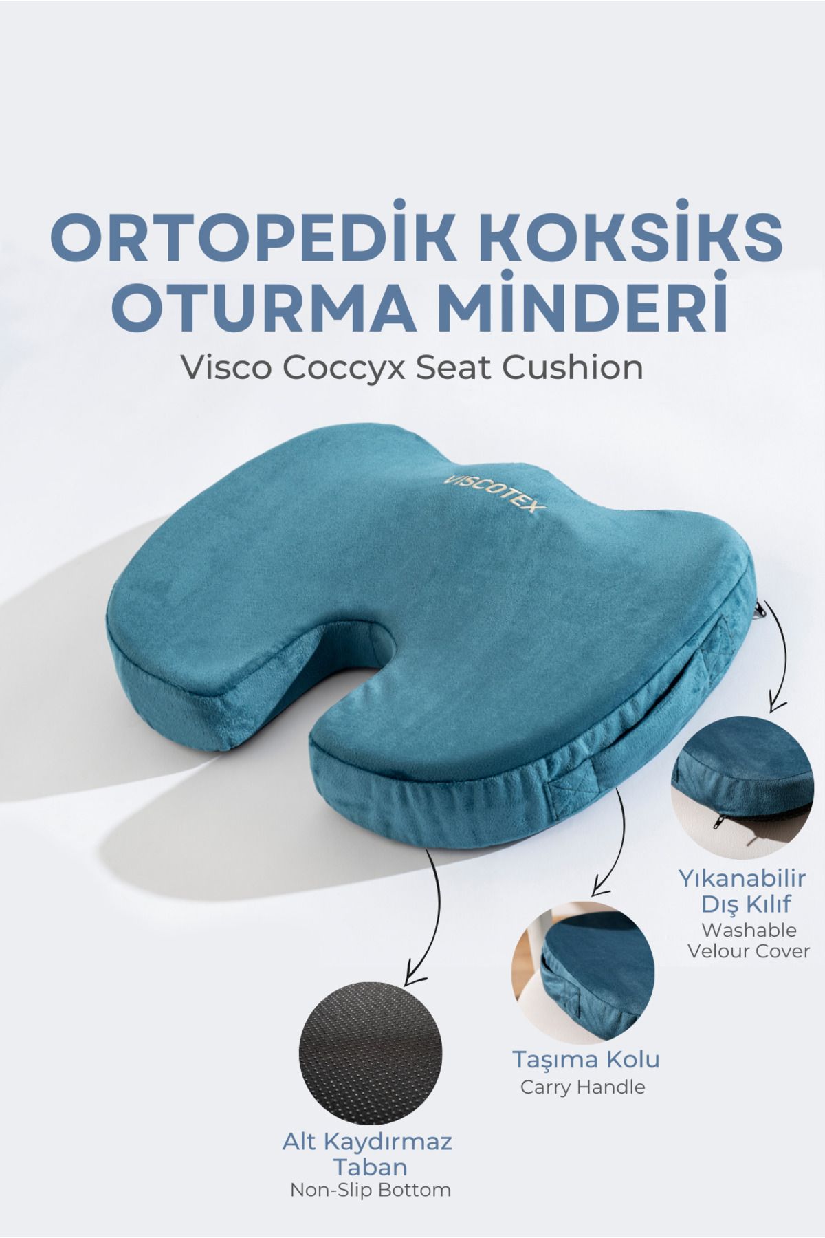 VİSCOTEX Visco Ortopedik, Kaydırmaz Tabanlı, Ofis, Araba, Koksiks Oturma Minderi, 45x34x7cm