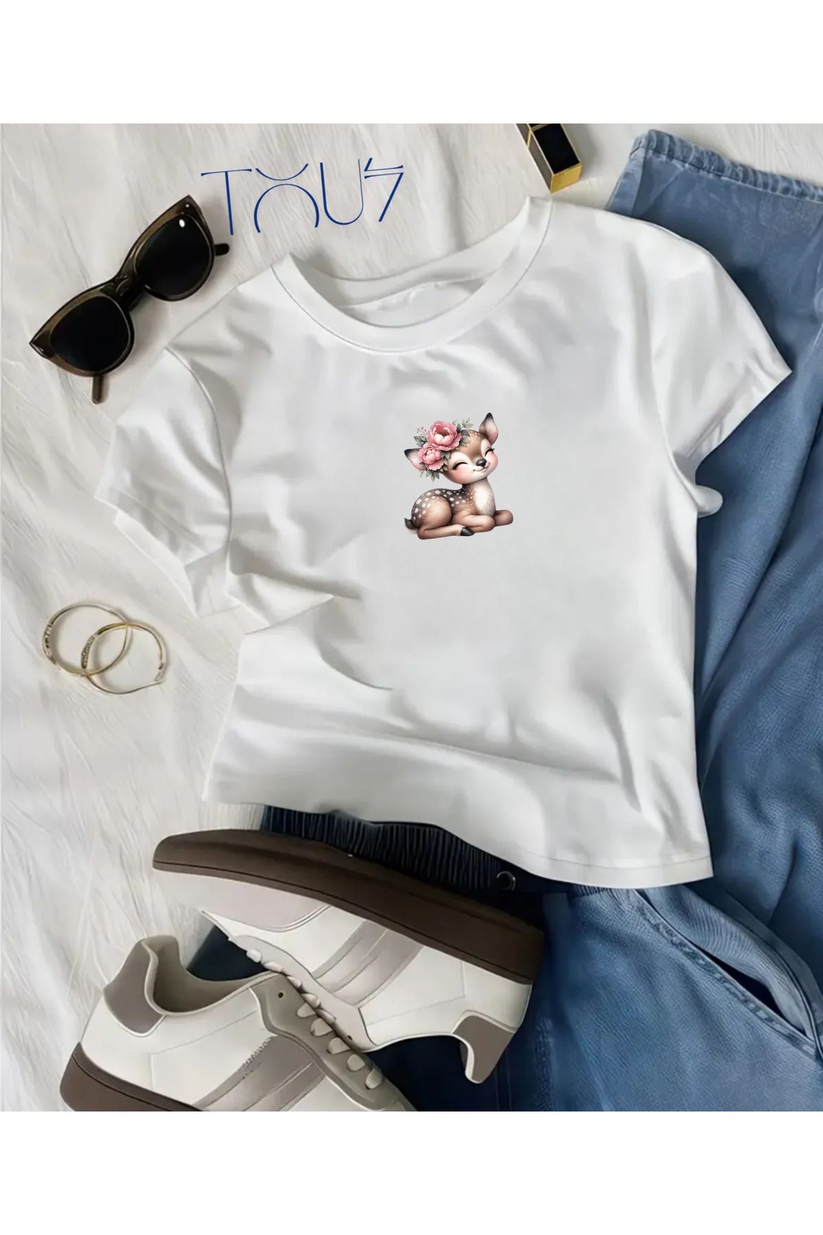 Touz Moda Kemer Boy Gazelle Baskılı Crop Bluz