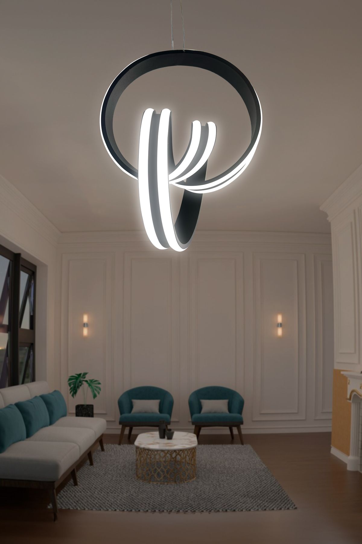 RSCOLLECTIONS Çift Yönlü İmza Sıra Powerled Oturma Odası Led Avize Beyaz Işık Siyah