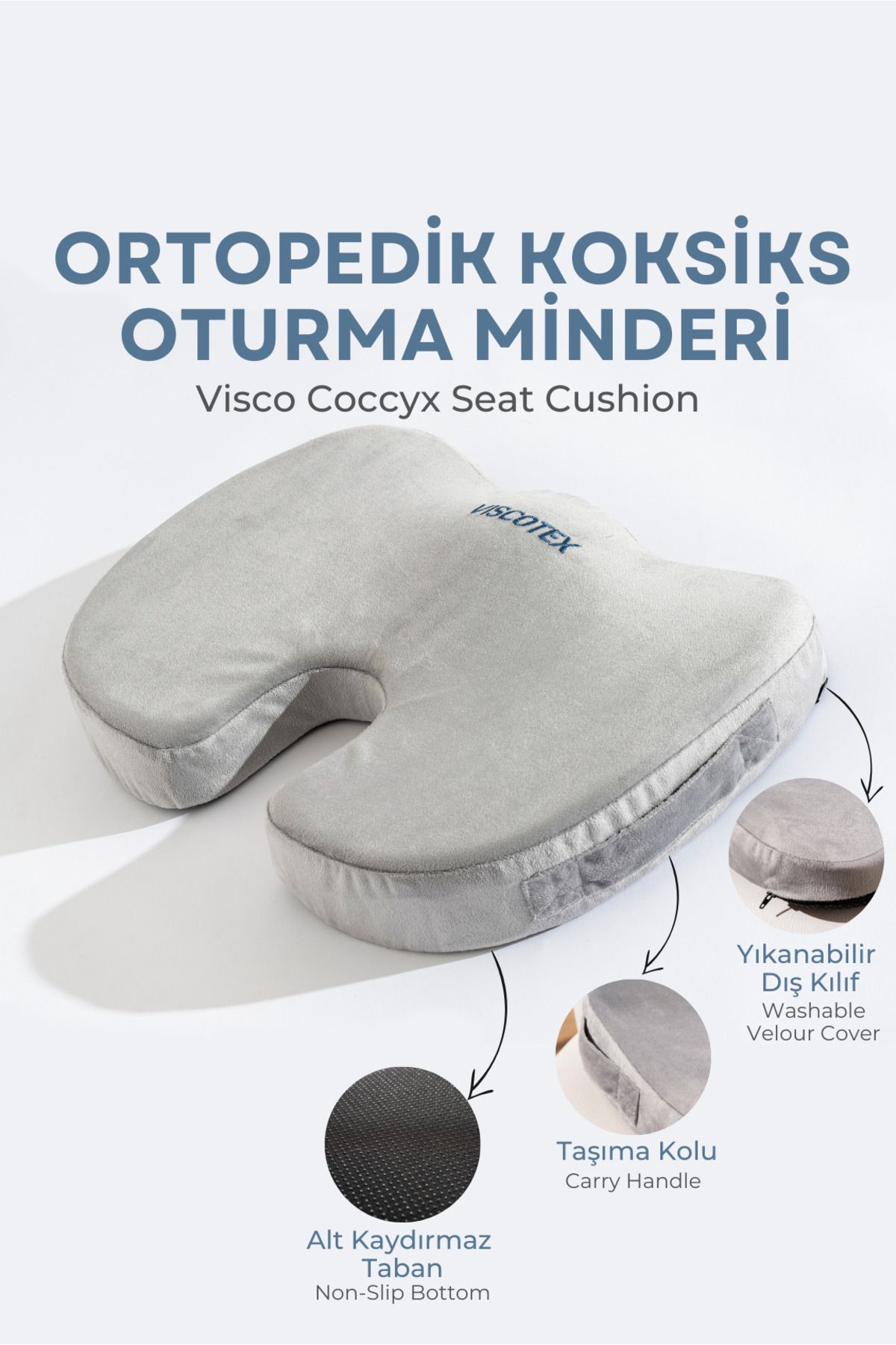 VİSCOTEX Visco Ortopedik, Kaydırmaz Tabanlı, Ofis, Araba, Koksiks Oturma Minderi, 45x34x7cm