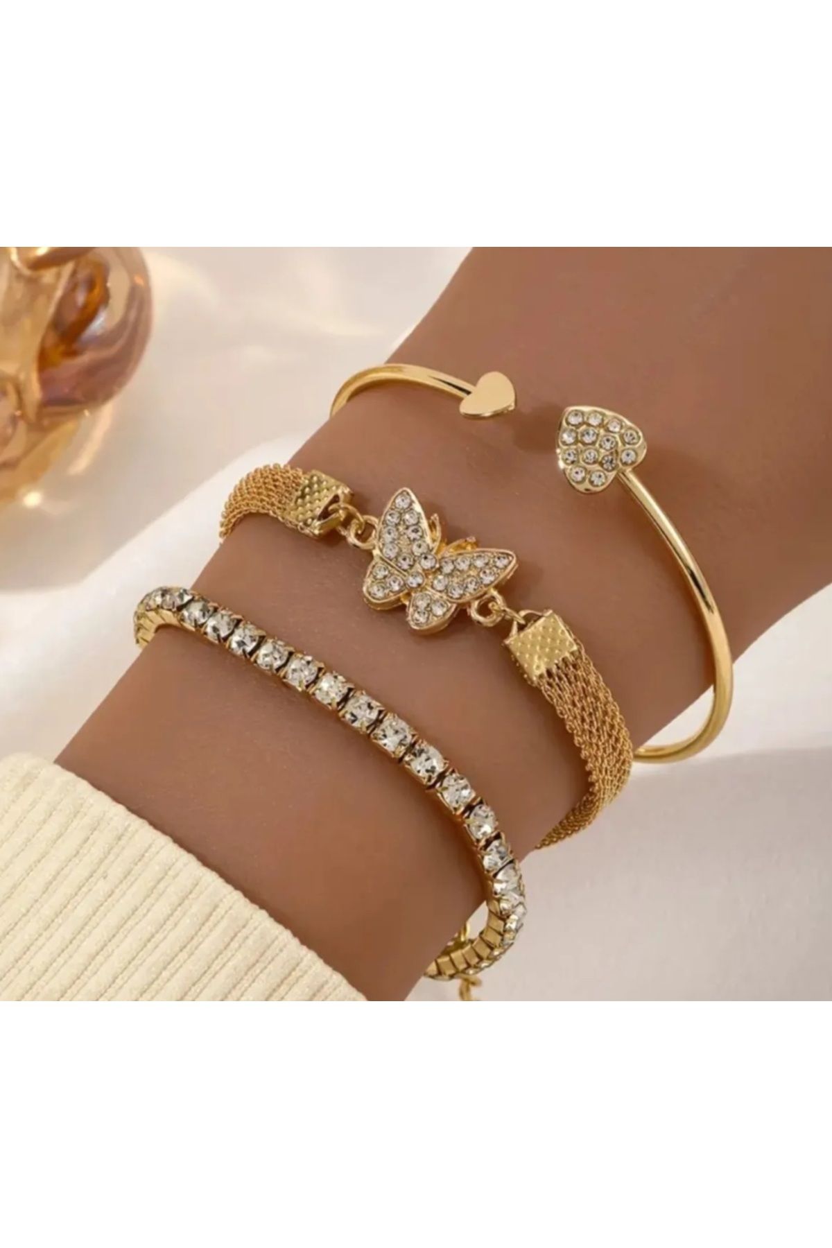 stainless steell VİP gold renk 3 parça kelebek charm bileklik set