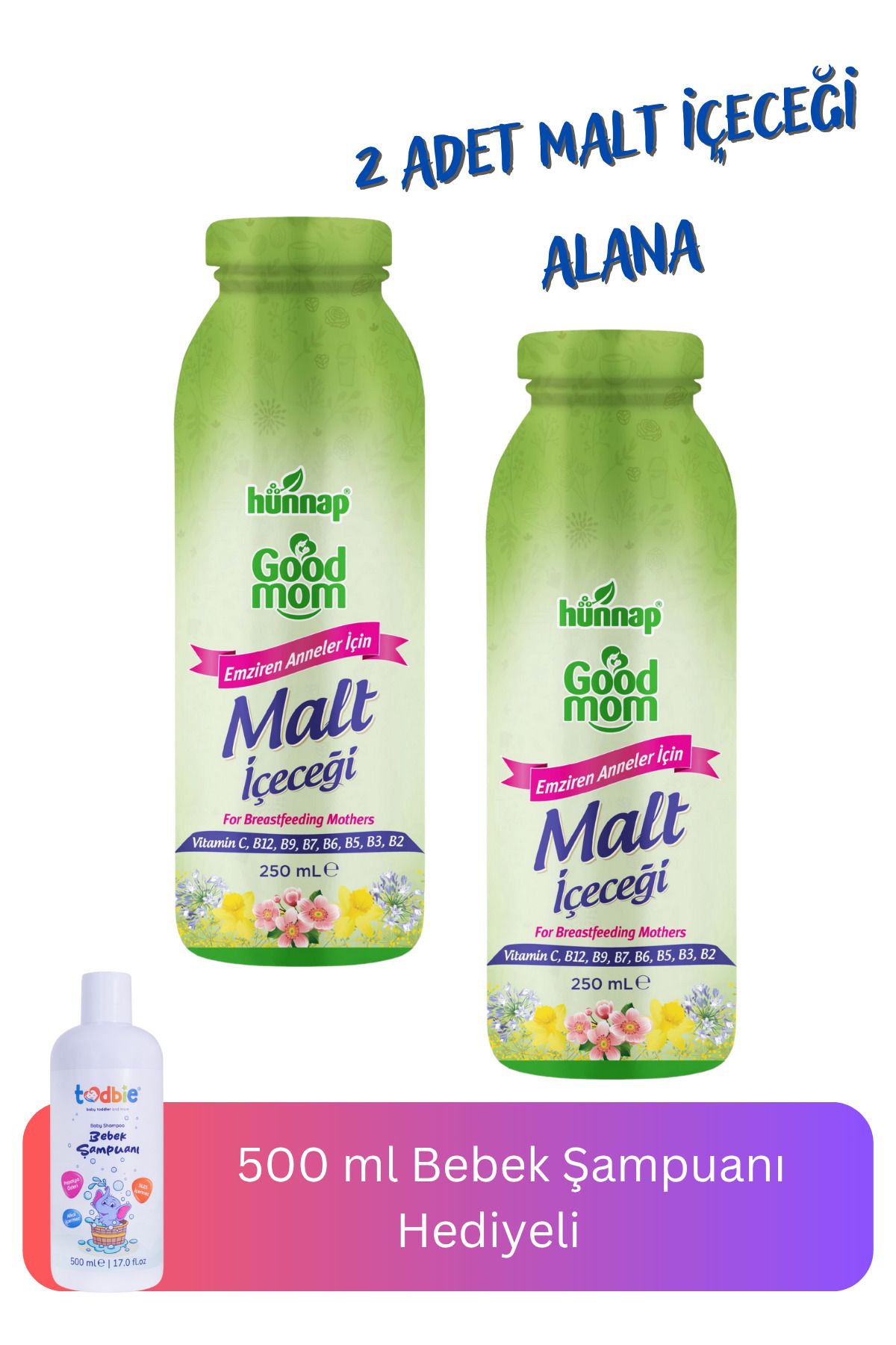 Hünnap 2 Adet 250 ml Good Mom Maltlı Emziren Anneler için Hurmalı İçecek 500 ml Bebek Şampuanı Hediyeli
