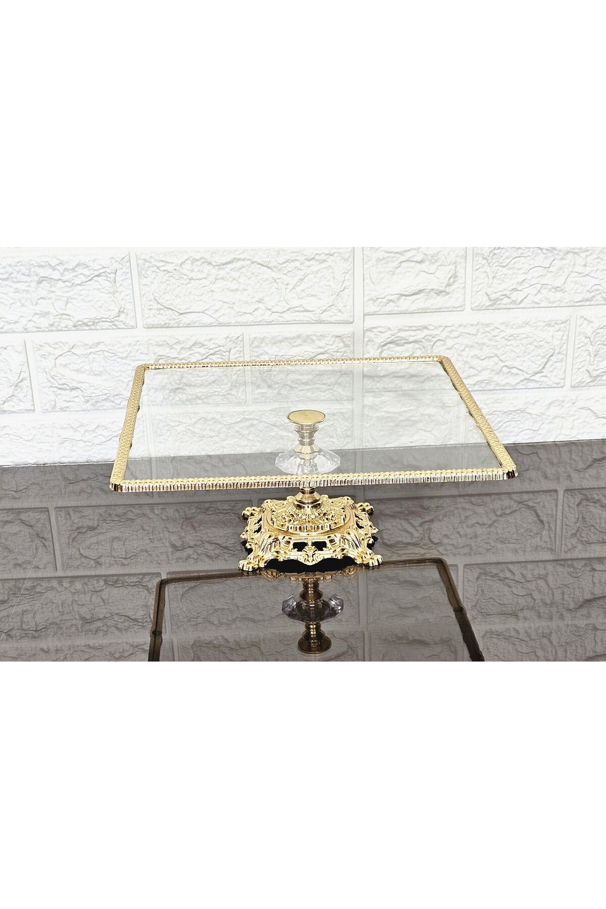 atabey home-Glass Large Square Serving Plate-Presentation Plate-Speech Tray-Presentation Tray-Dumped Gold Frame 27cm 2