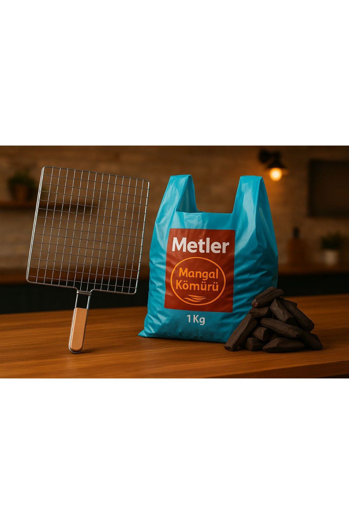 Metler Kebap Tel Izgara ve Mangal Kömürü Seti | 48x24 cm Izgara + 1 Kg Doğal Mangal Kömürü