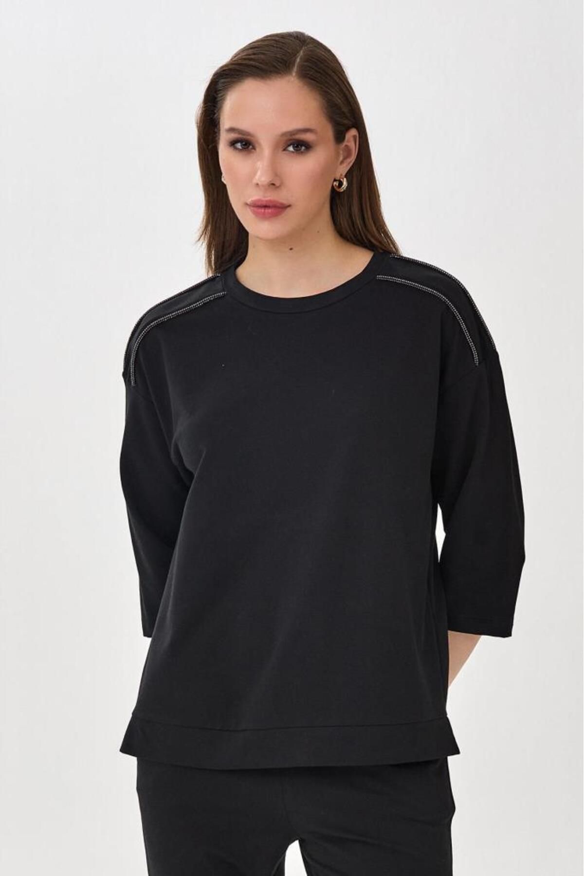İKİLER Bisiklet Yaka Taş Şerit Detaylı ¾ Kol S-Shirt 025-2113