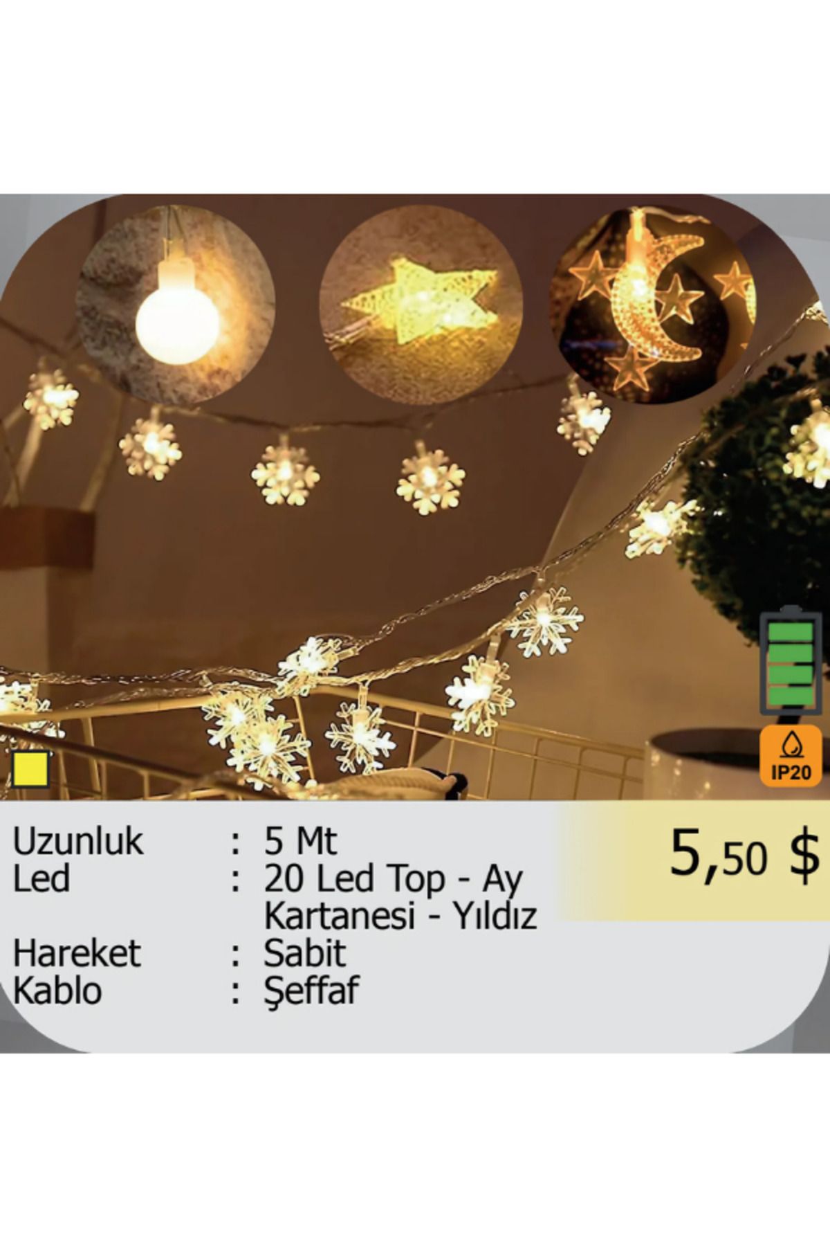 ELKHOUSE ElektrikHouse LED Peri Işığı 20 Led Top - Ay Kartanesi - Yıldız - 5 Metre