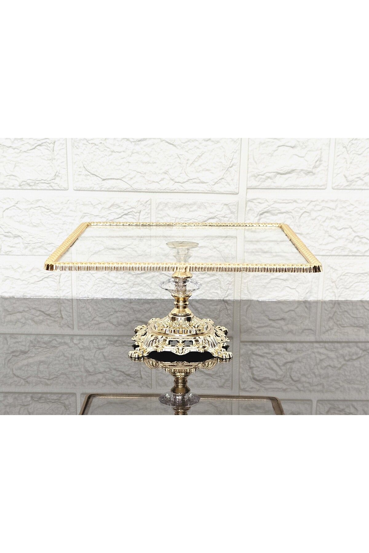 atabey home-Glass Small Square Serving Plate-Presentation Plate-Speech Tray-Presentation Tray-Dump Gold Frame 22cm 2