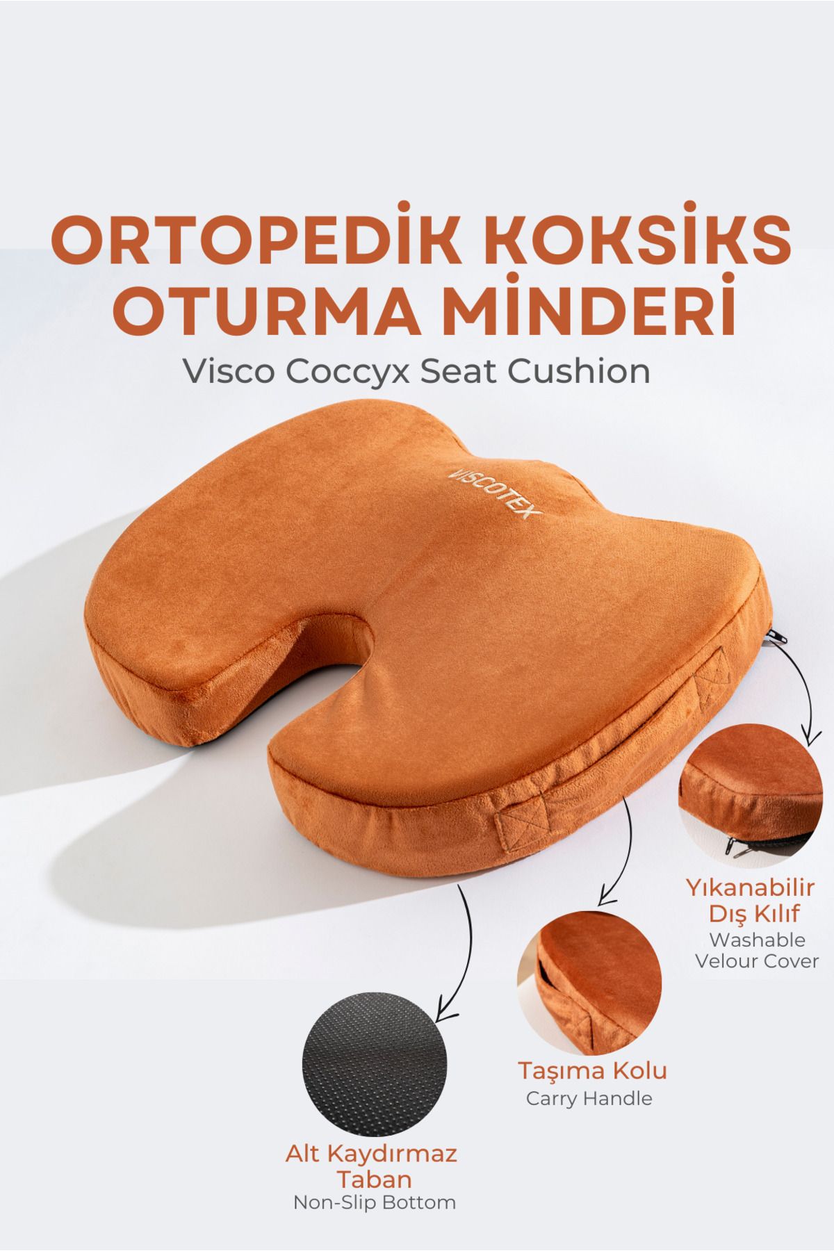VİSCOTEX Visco Ortopedik, Kaydırmaz Tabanlı, Ofis, Araba, Koksiks Oturma Minderi, 45x34x7cm